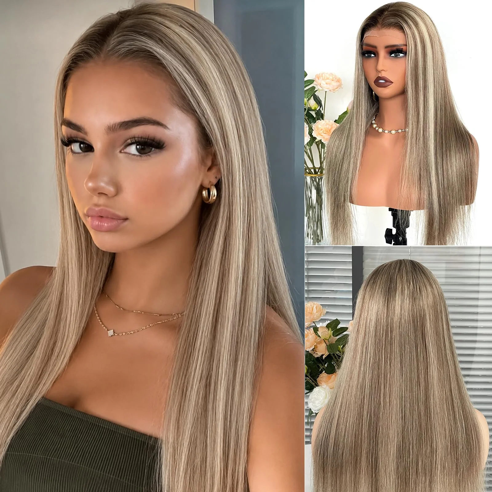 Afinska Perücke aus Echthaar, Ash Blond, Highlights Wurzeln, 6 x 8 Spitzenfront, ohne Klebstoff, UHD, transparent, 250 % Dichte, 24 Zoll, Straight 100 % Remy, für Frauen
