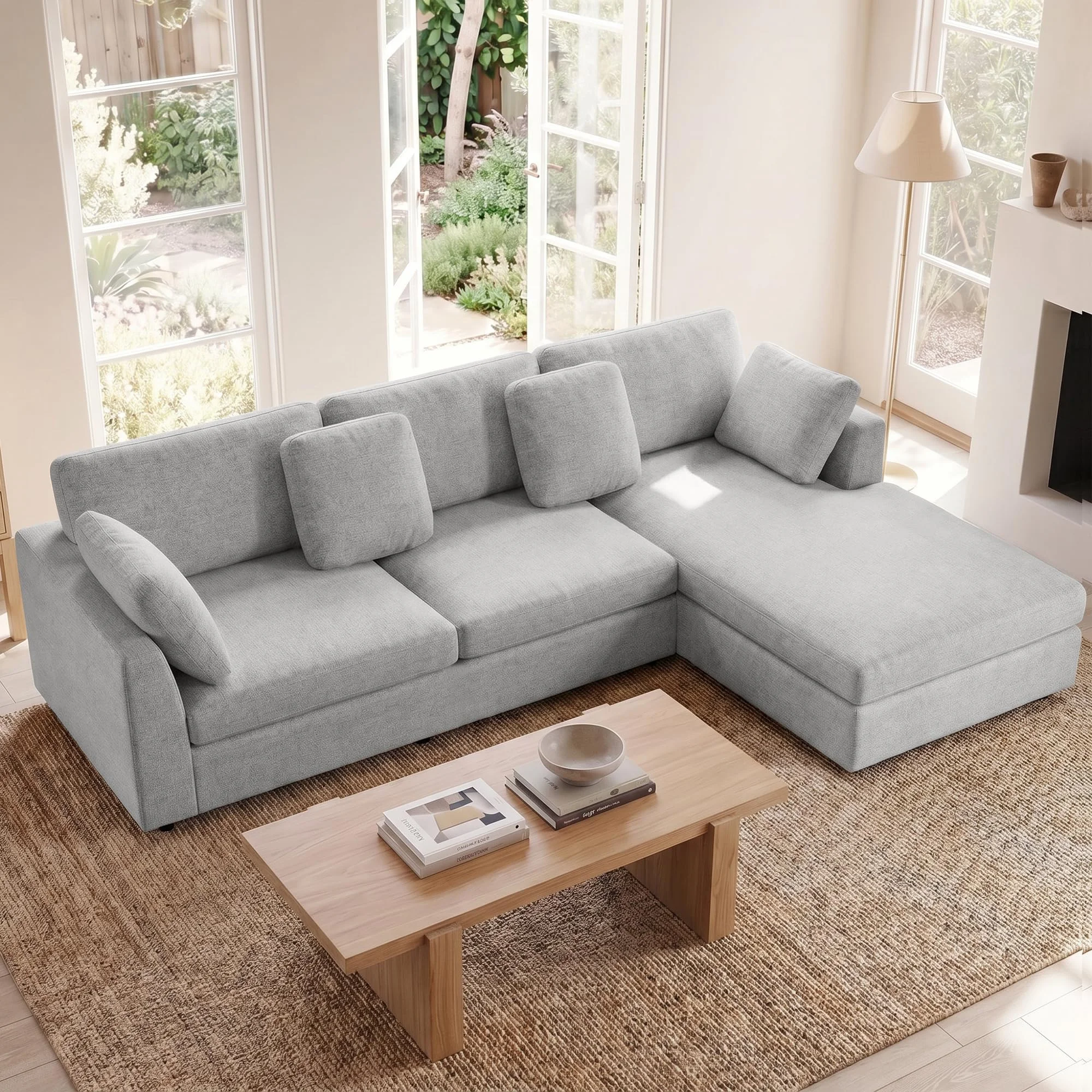 Kingfun 274cm Ecksofa HallGray mit Schlaffunktion, 3 Sitzer L Form Sofa Chenille für Wohnzimmer & Schlafzimmer, L Form Couch mit Veränderbare Chaiselongue für Büro & Apartment