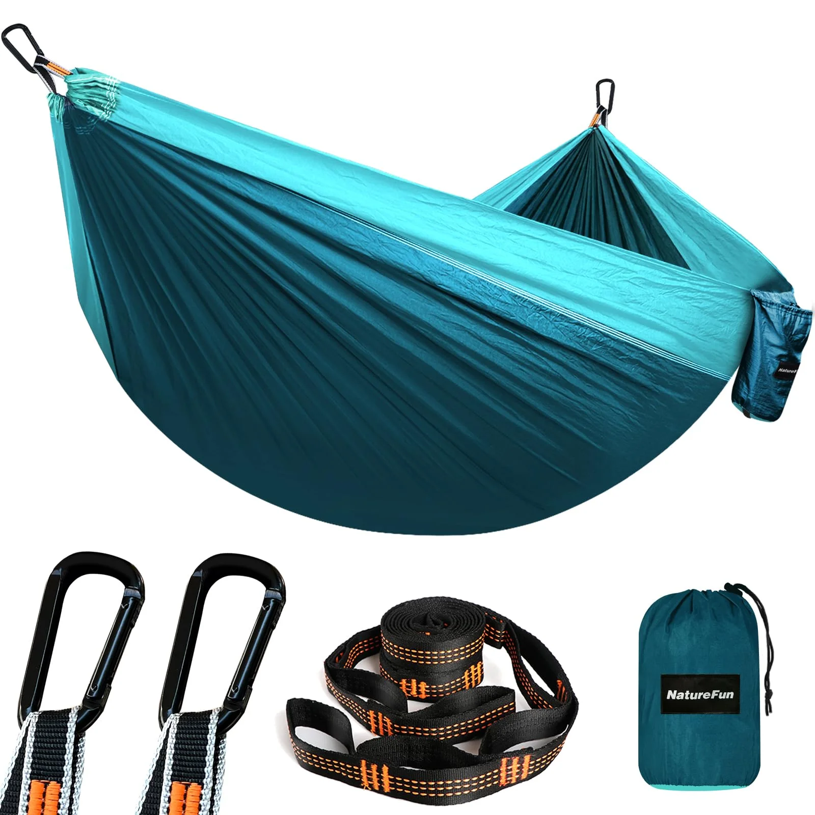 NATUREFUN Ultraleichte Reise Camping Hängematte | 300kg Tragkraft (275 x 140 cm) Atmungsaktiv, Schnelltrocknendes Fallschirm Nylon | 2 x Premium Karabiner,2 x Schlingen| Drinnen Draußen Garten