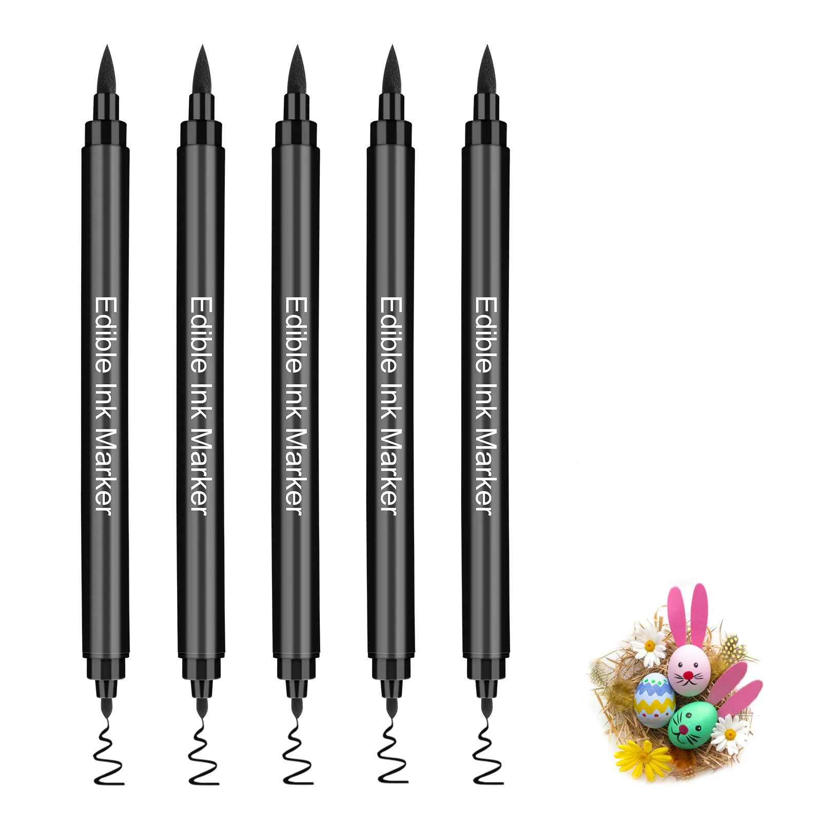 5 Stück Schwarz Lebensmittelfarbe Stift, Lebensmittel Farbstifte Backen, Lebensmittel Filzstifte mit Feiner und Dicker Spitze, Schreiben Essbarer Stift für Kuchen, Fondant, Kekse, Ostereier, Macaron