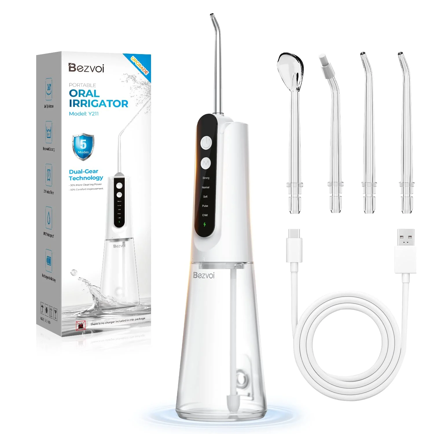 Bezvoi Kabellose Munddusche Tragbar, Oral Irrigator mit 5 Druckstufen IPX7 | 270ml abnehmbarer Wassertank, 4 austauschbare Düsen, schonende Reinigung für Zahnfleisch und Zahnzwischenräume