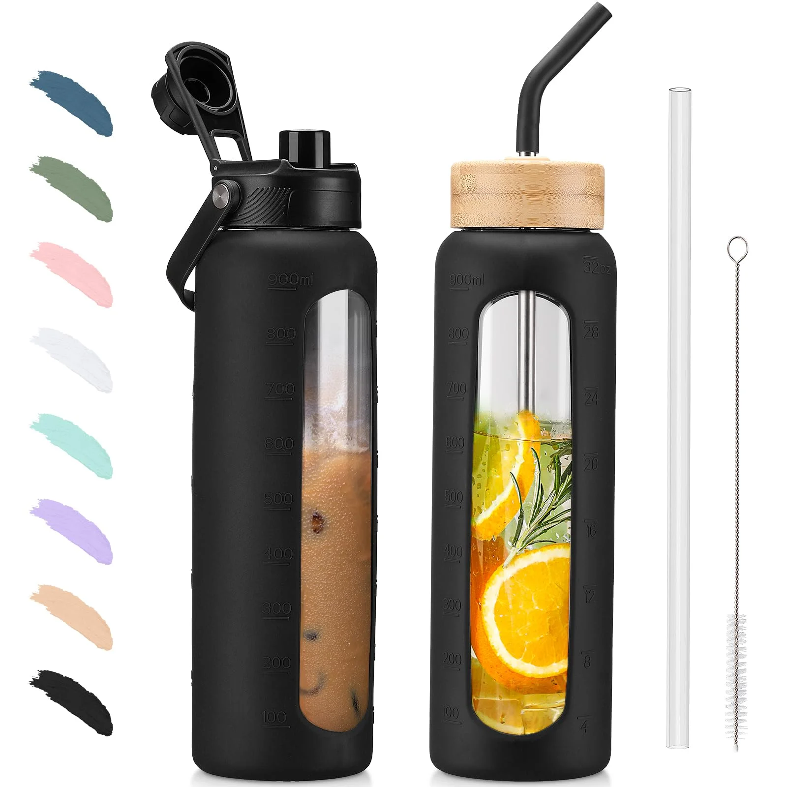 BLUEGO Trinkflasche Glas 900ml Sport Wasserflasche mit 2 Deckeln und Strohhalm Auslaufsichere Glasflasche mit Zeitmarkierung und Messskala BPA frei, Schwarz