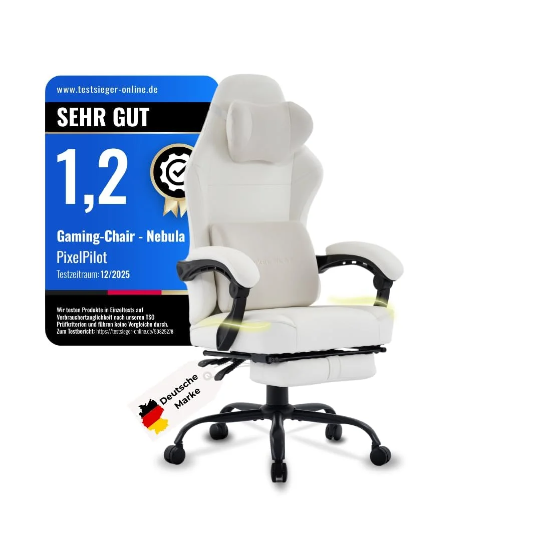 PixelPilot Gaming Stuhl Ergonomisch mit Fußstütze, Atmungsaktiver Stoff Gamer Stuhl, Bürostuhl mit Kopfstütze & Lendenstütze, Breite Sitzfläche, 150 kg (Weiß)