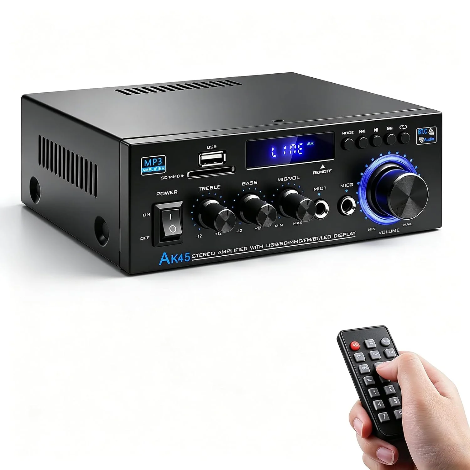 HiFi Verstärker mit Bluetooth AK45 Mini Stereo Empfänger Audioverstärker | 2.0 Kanal 40W × 2 Karaoke Mikrofon USB SD FM Bass Höhenregler Klein Heim Audio Party Verstärker