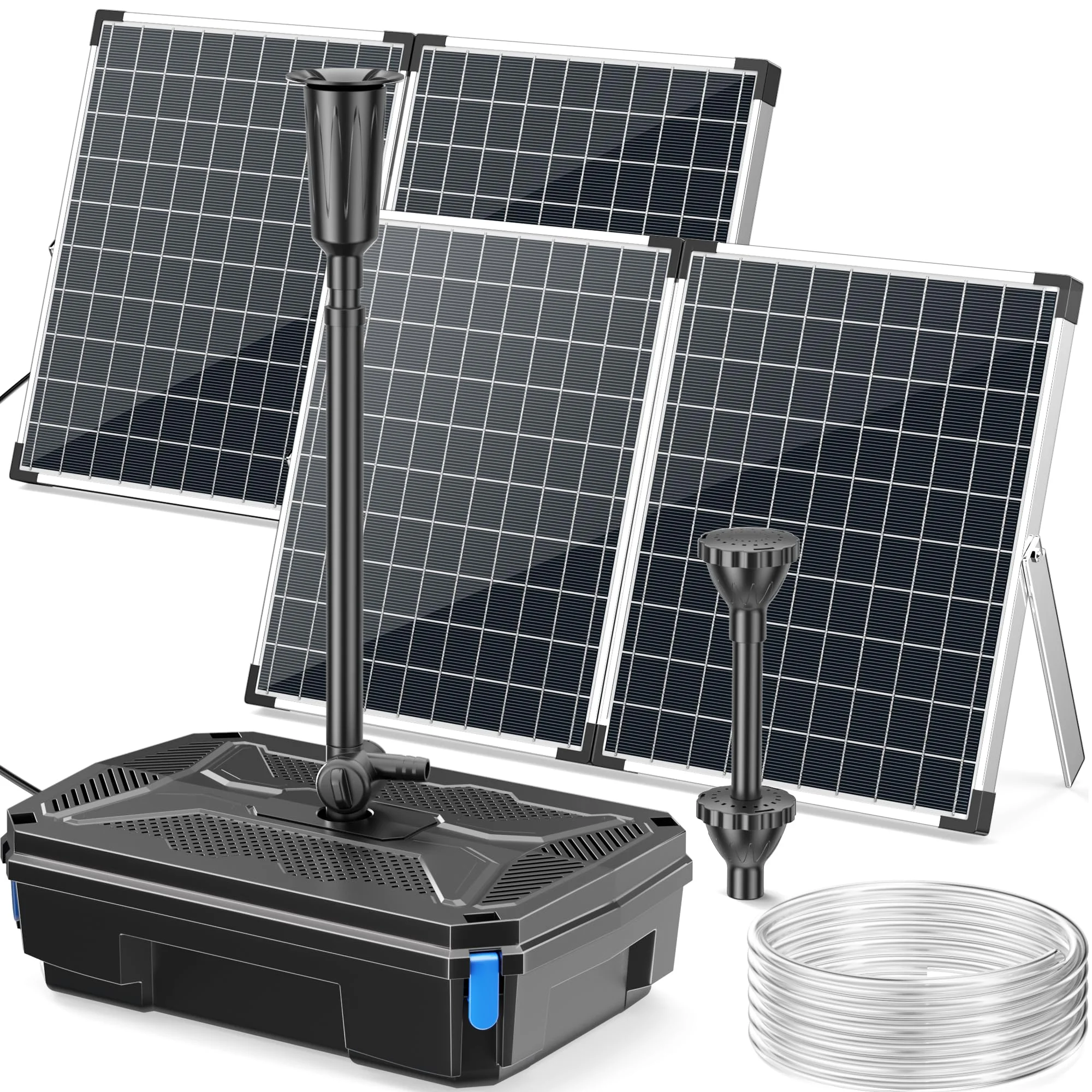 POPOSOAP 100W 4500 l/h Solar-Teichfilter & Springbrunnenpumpe Set | Teichfilter Komplettset mit Tauchpumpe mit 4-stufiger Filterung & 3 Düsen für Gartenteiche, Aquarien und Gart Wasserfälle