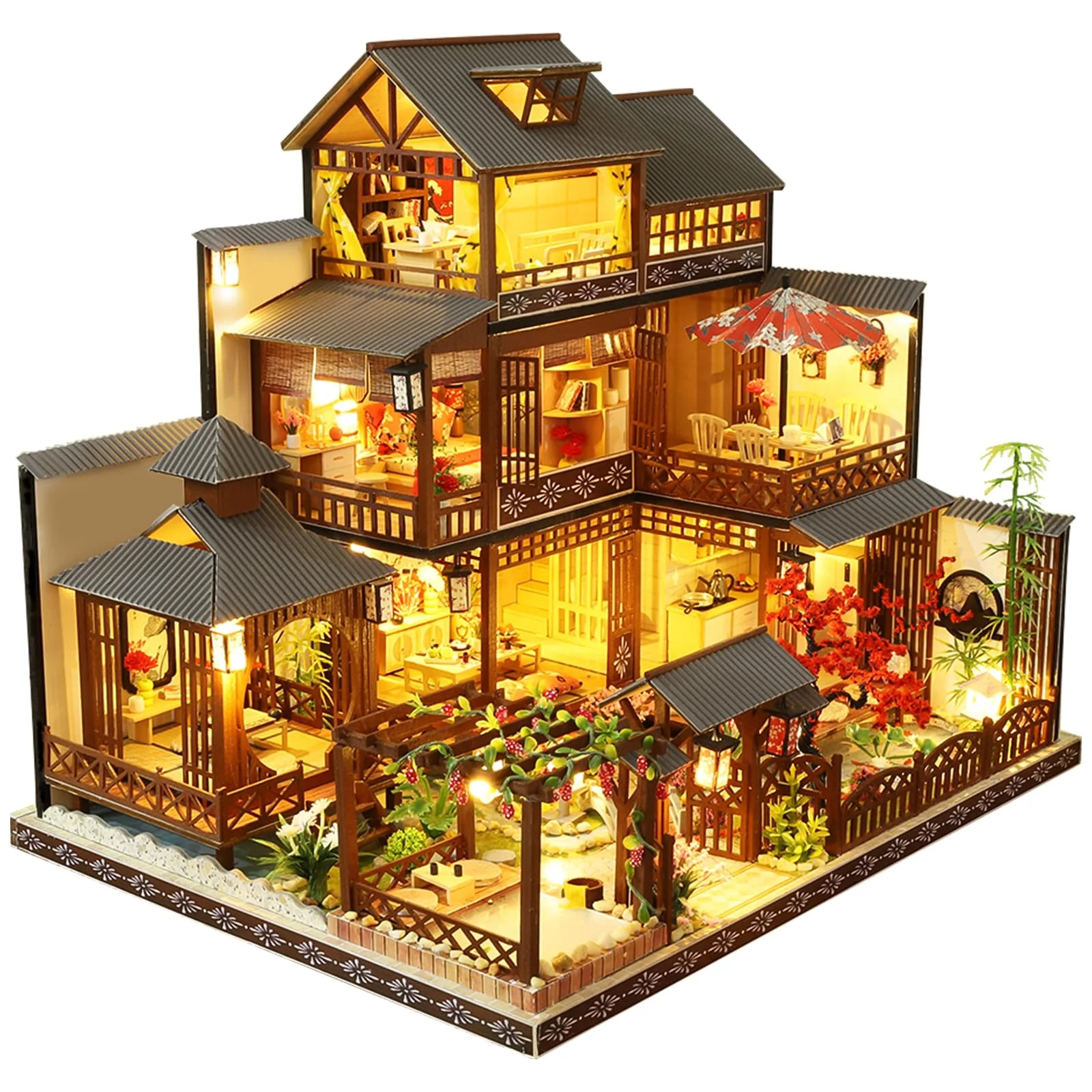 Spilay Miniatur Haus, Japanisches Hofhaus Puppenhaus Holz | DIY Miniature House mit LED-Licht, Staubschutz und Musikbox, 3D Puzzle Erwachsene, Miniatur Bausatz, Regal Deko Geschenk