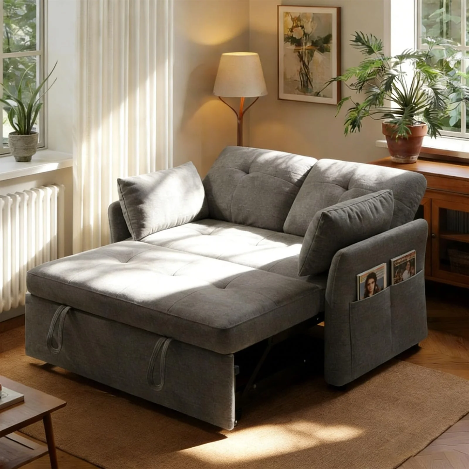 Wumagin 3-in-1 Schlafsofa mit 5-stufig Verstellbarer Rückenlehne, Schlafcouch mit 2X Kissen und 2X Seitentasche,Graues Leinen 2 sitzer Sofa für Gästezimmer & Kleine Räume