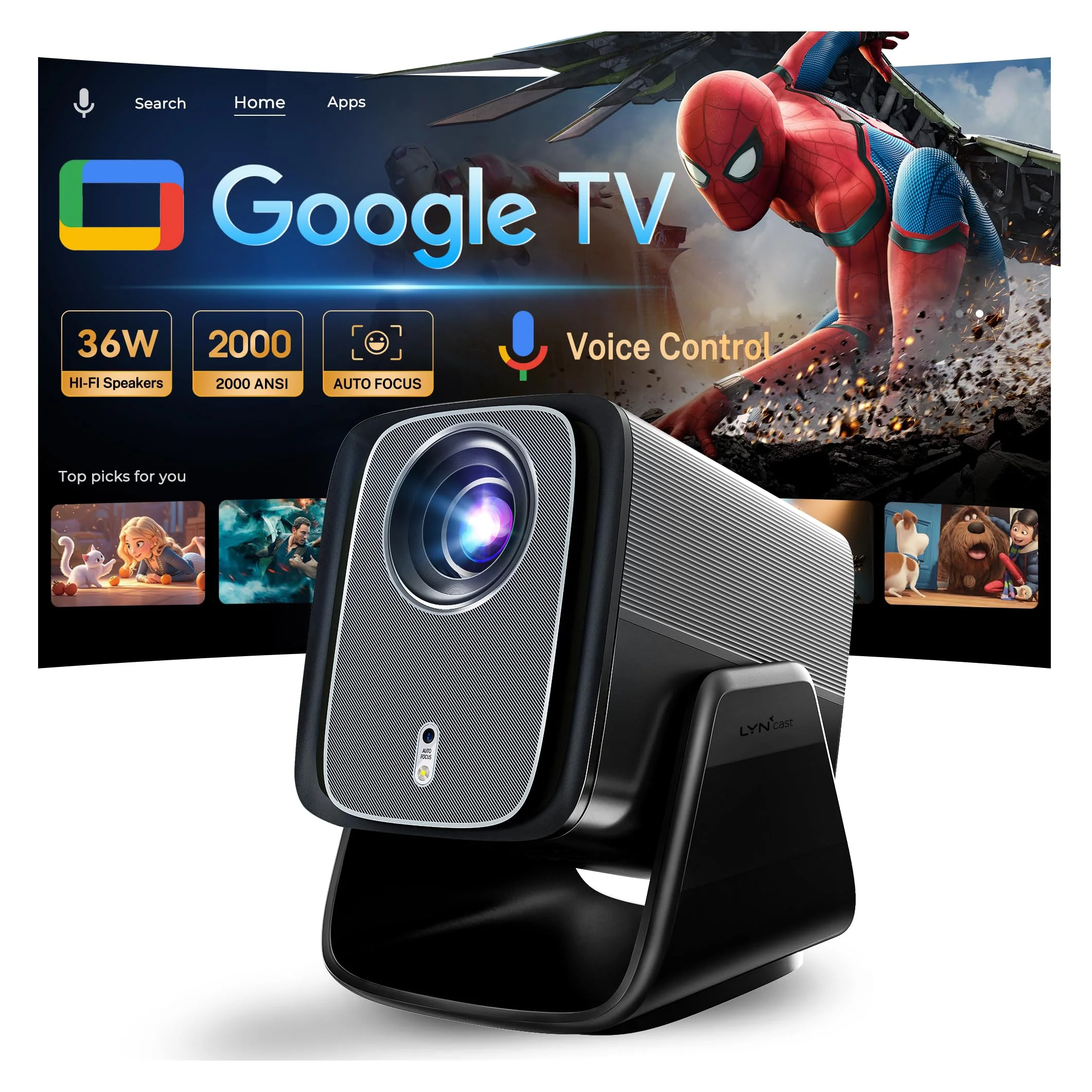 Google TV Beamer, 2000 ANSI, 4K Input Support, 36W Dolby Audio, Heimkino | Native 1080P Beamer, WLAN & Bluetooth, Sprachfernbedienung, KI-Autofokus, 125% sRGB HDR10+, 90° Standfuß, 200 Zoll, X5Pro