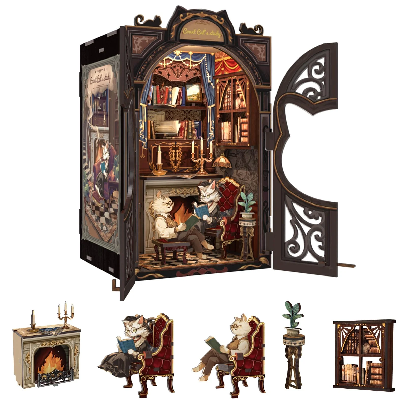 Fsolis Book Nook Kit, Miniatur Haus Kit mit LED Licht, Bücherecke Bücherregaleinsatz Kits,Modellbausätze für Erwachsene zum Bauen,Booknook Kreatives Geschenk(Count Cat's Study)