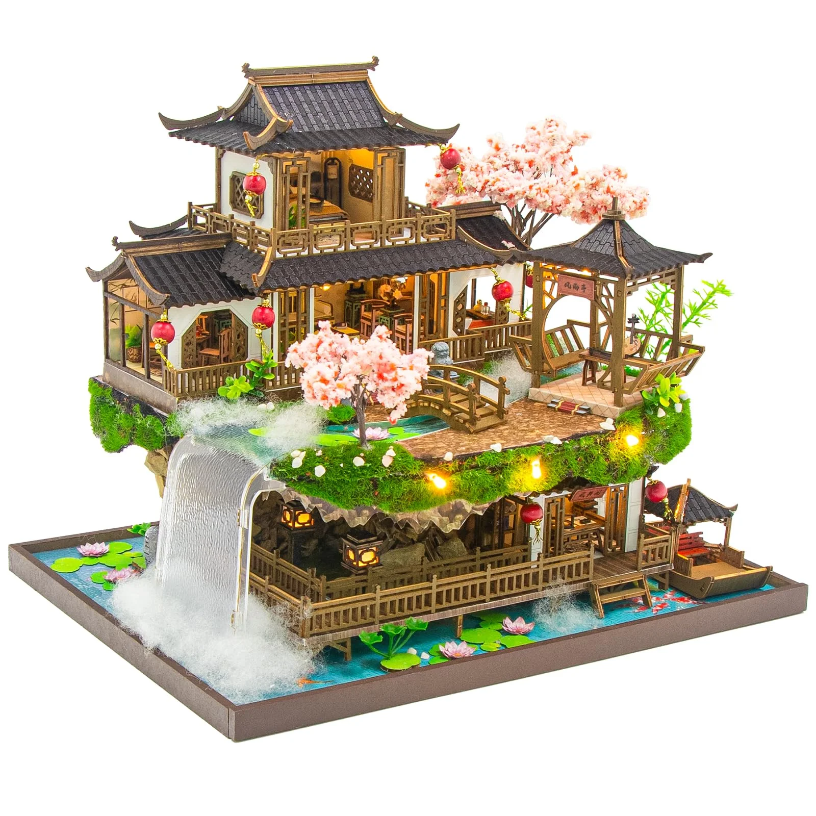 Spilay Miniatur Haus, Chinesisches Gartenhaus Puppenhaus Holz | DIY Miniature House mit LED-Licht und Musikbox, 3D Puzzle für Erwachsene, Miniatur Bausatz, Regal Deko Geschenk