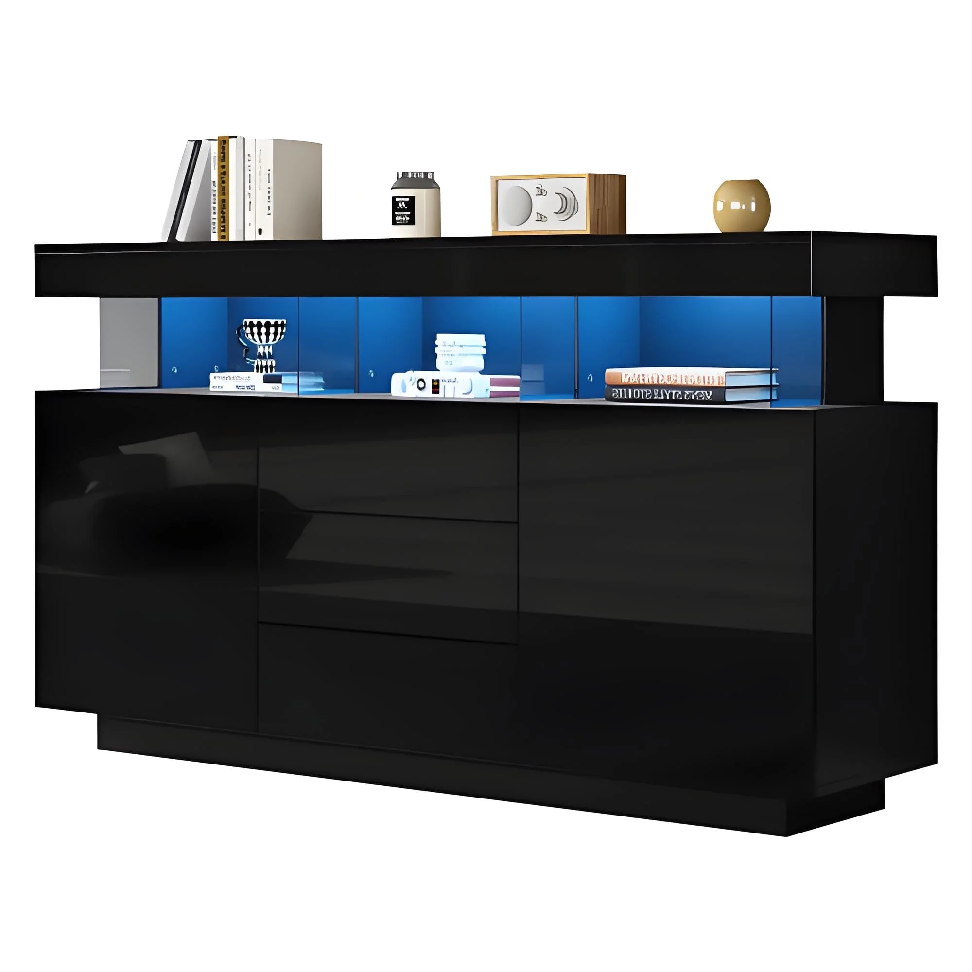 LANTRO JS Sideboard Hochglanz 140cm Breit, Sideboard Wohnzimmer mit 16-farbigem Lichtstreifen, Highboard Geeignet für Wohnzimmer und Flur, 140x35x80cm, Schwarz