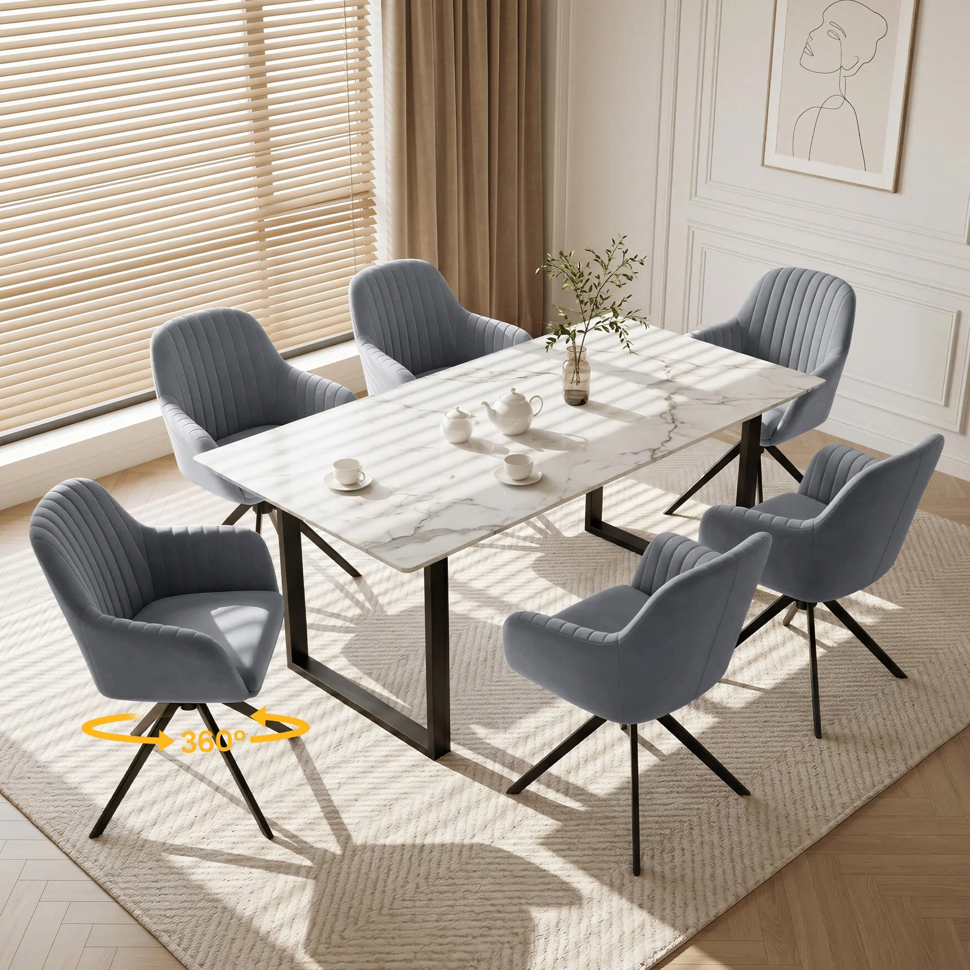 Fijinhom 360° Esszimmerstühle Drehbar 6er Set Armlehne Grau/Schwarz | Polsterstuhl Esszimmerstuhl aus Kordsamt,Küchenstuhl mit Metallgestell für Esszimmer,Wohnzimmer,Büro