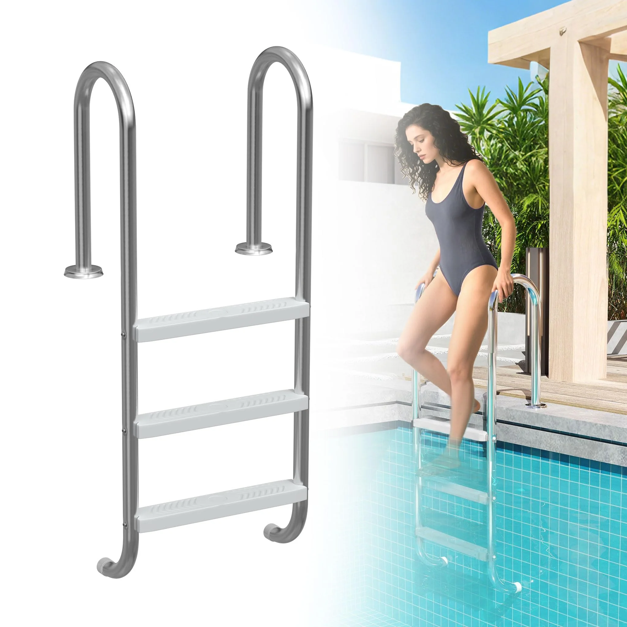 UISEBRT 304 Edelstahl Poolleiter | Pooltreppe mit 3 Stufen | 132 x 54 x 26.5 cm - Silber | Schwimmbadleiter mit Rutschsicherung | Einstiegsleiter für Pool und Schwimmbecken | bis 150 kg Belastbar