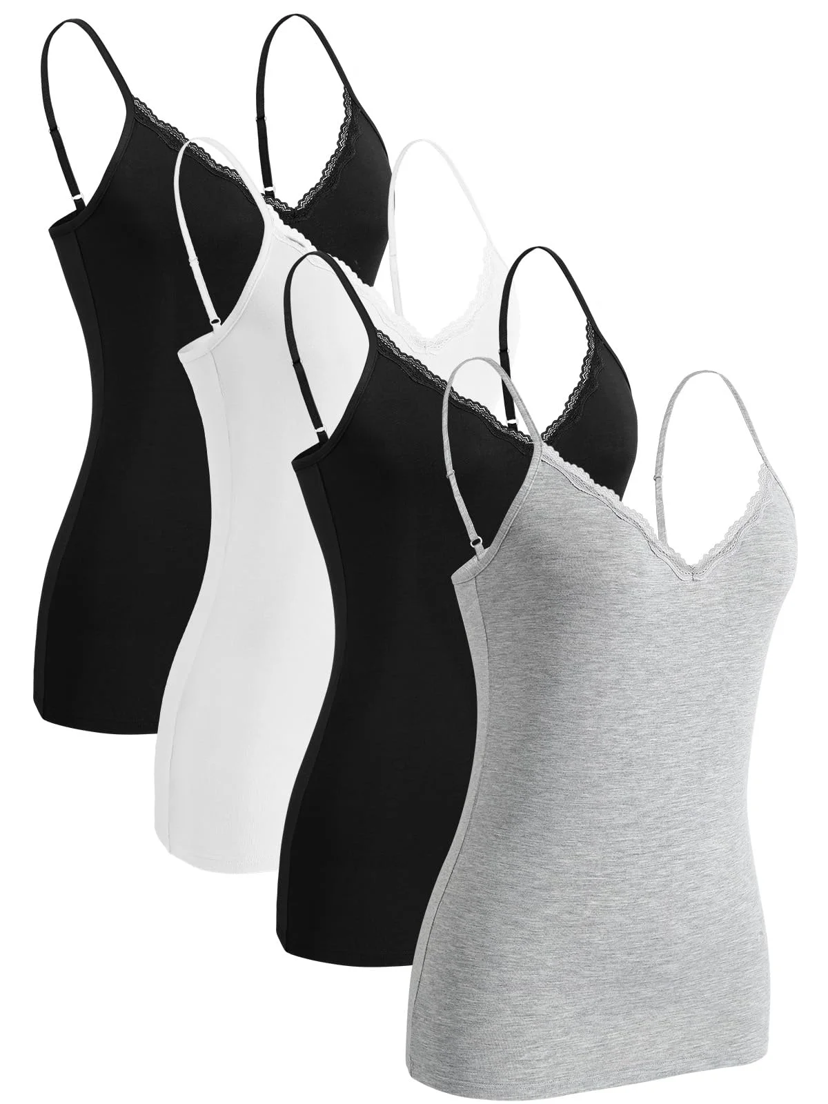 Knuffnee Damen Spitzen Unterhemd Spaghetti Träger Tank Top Verstellbare V-Ausschnitt Unterhemden 4er Pack