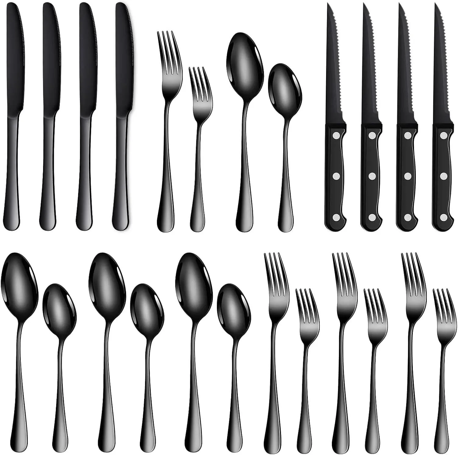 TAN REN Besteckset für 4 Personen, 24-teilig, Schwarz, Spülmaschinenfest | Hochwertiges Edelstahlbesteck mit modernem Design, ergonomischem Griff, rostfrei & langlebig – perfekt für Alltag, Familie