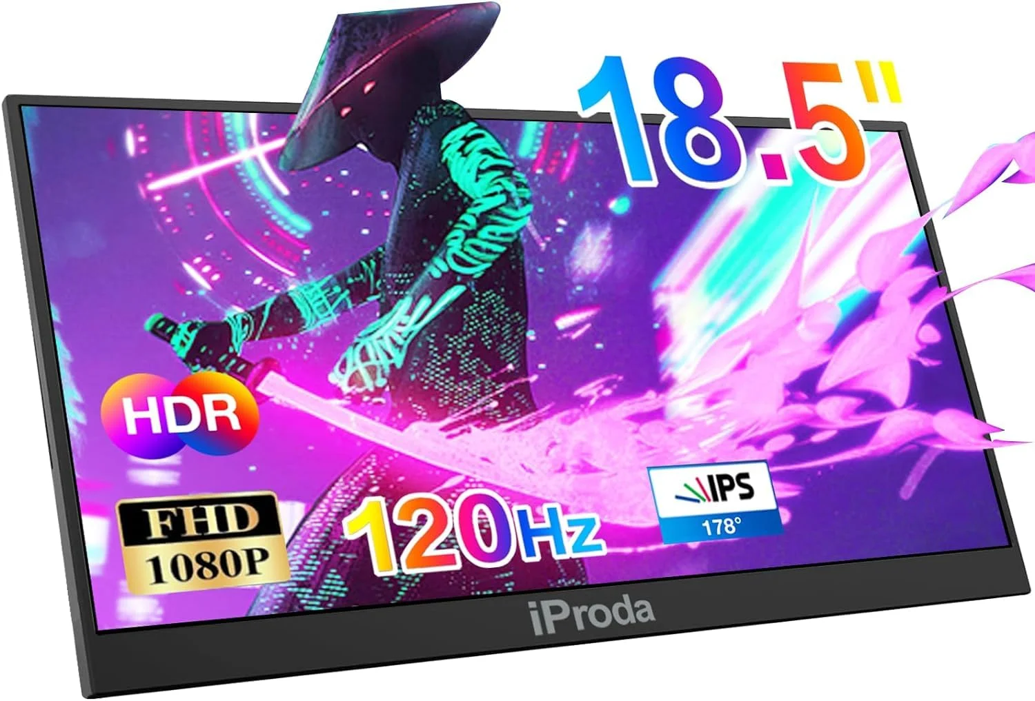 iProda Tragbarer Monitor 18,5 Zoll 1080P 120Hz mit integriertem Standfuß | Portable Gaming Monitor mit Lautsprecher 1080P HDR, USB-C HDMI Laptop Bildschirm Erweiterung für Laptop/Switch/Xbox
