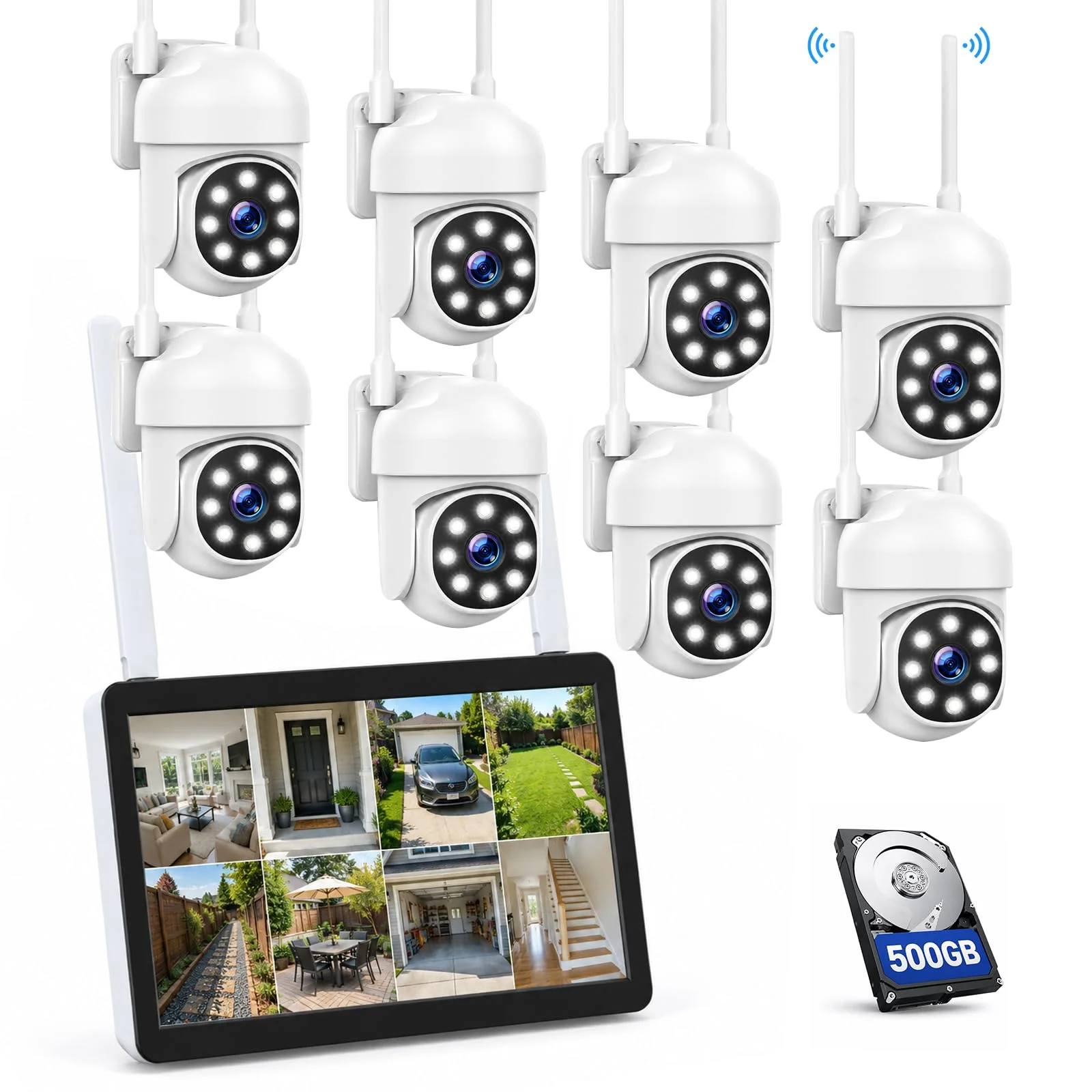 CAMCAMP Überwachungskamera Set mit Monitor 8 Kamera videoüberwachung aussen | PTZ Automatische Verfolgung, 10CH NVR mit 10'' Bildschirm, 2 Wege Audio Spotlight Alarm Farbe Nachtsicht 2.4&5G WiFi 500GB