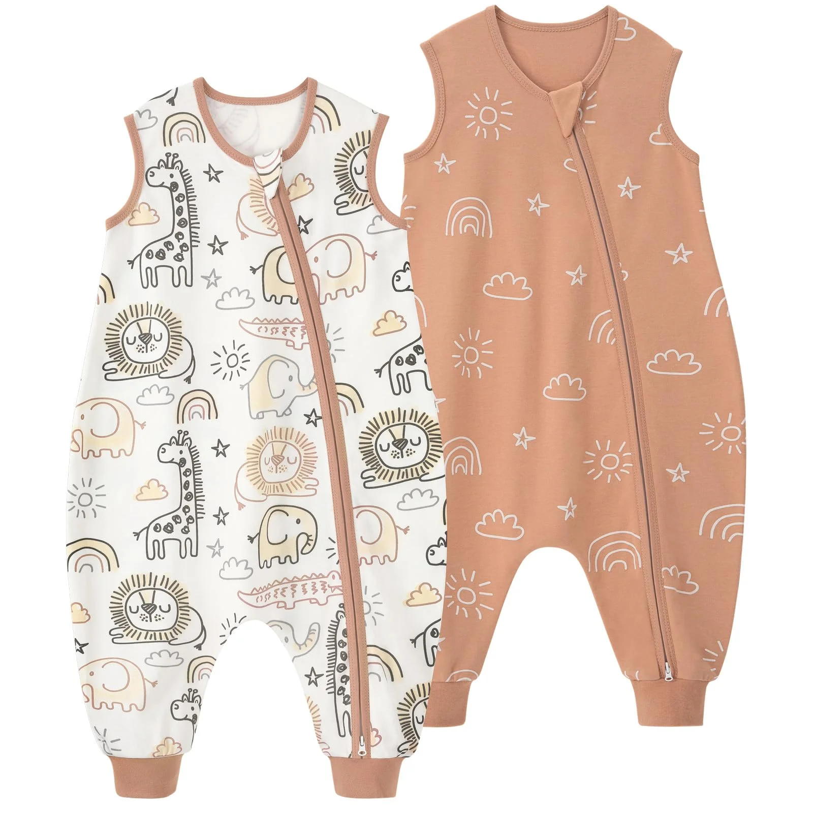 Yoofoss 2er Pack Baby Schlafsack mit Füßen 0.5 Tog 100% Baumwolle Schlafsack Baby mit Beinen Sommer Babyschlafsack für 18-36 Monate Kinder Jungen Mädchen 80 cm- Braun Tier