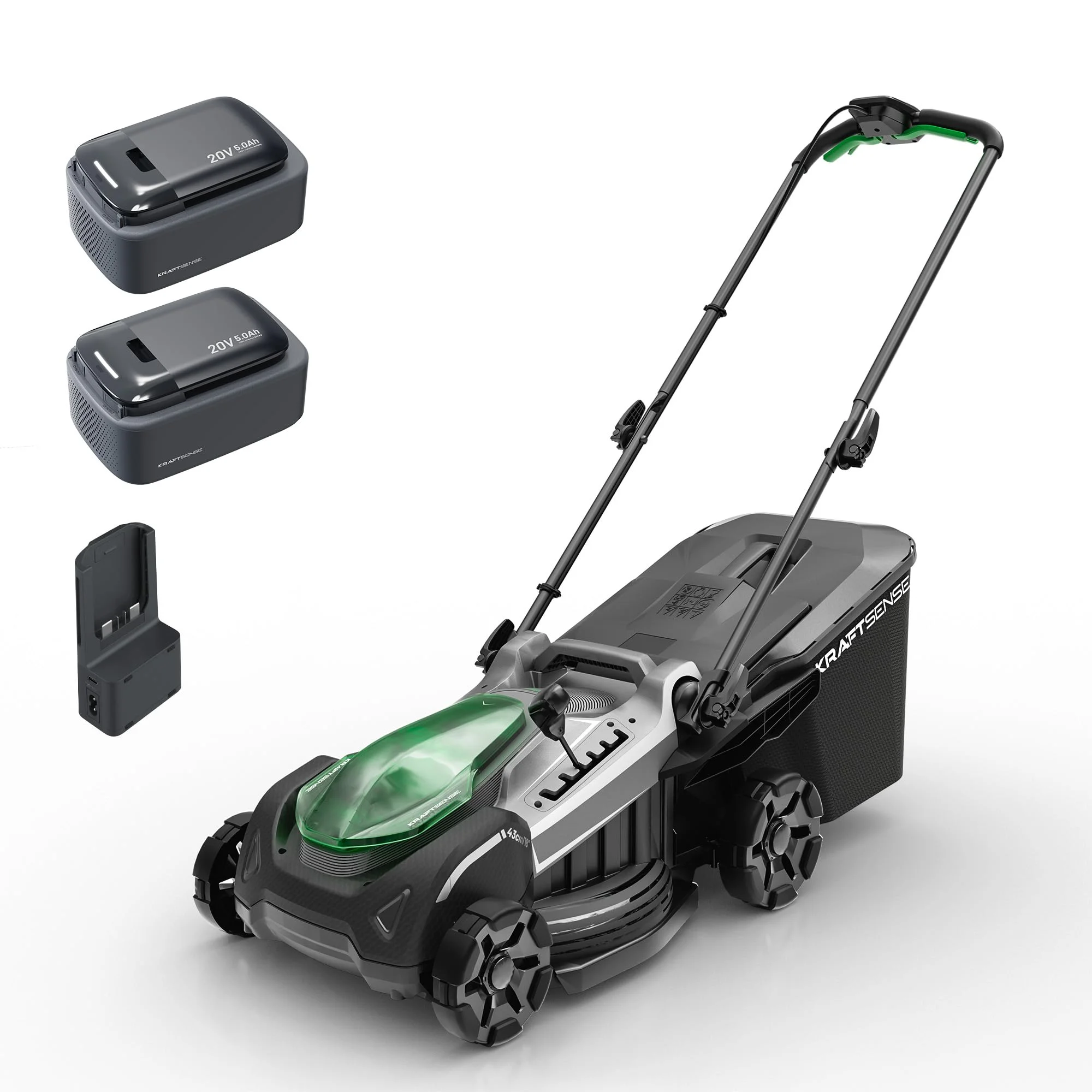 40V Akku-Rasenmäher mit Radantrieb, 43 cm Schnittbreite, bürstenloser Motor, Rasenmäher mit Akku inkl. 2X 5,0 Ah Akkus & Ladegerät, 2-in-1 Mulchmäher & Fangen, für mittelgroße Gärten