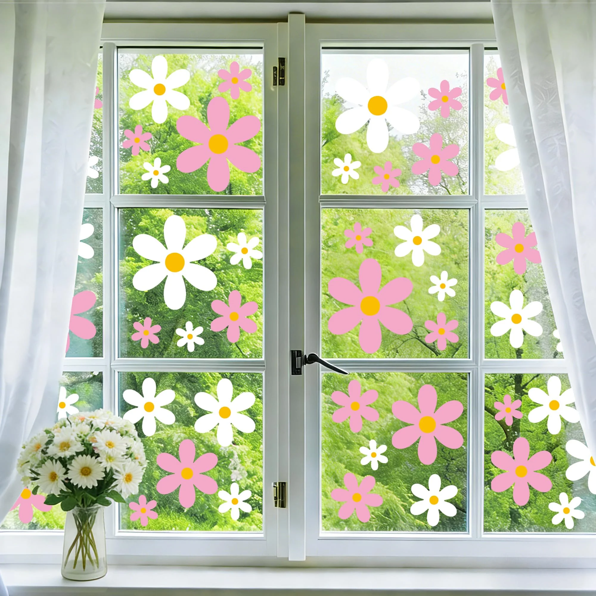 Joeyan 6 Stück 72pcs Frühling Gänseblümchen Fenstersticker Selbstklebend | Rosa Weiße Blumen Fensterbilder, Wiederverwendbare Fensteraufkleber Doppelseitige Glasdeko für Büro Zuhause Party