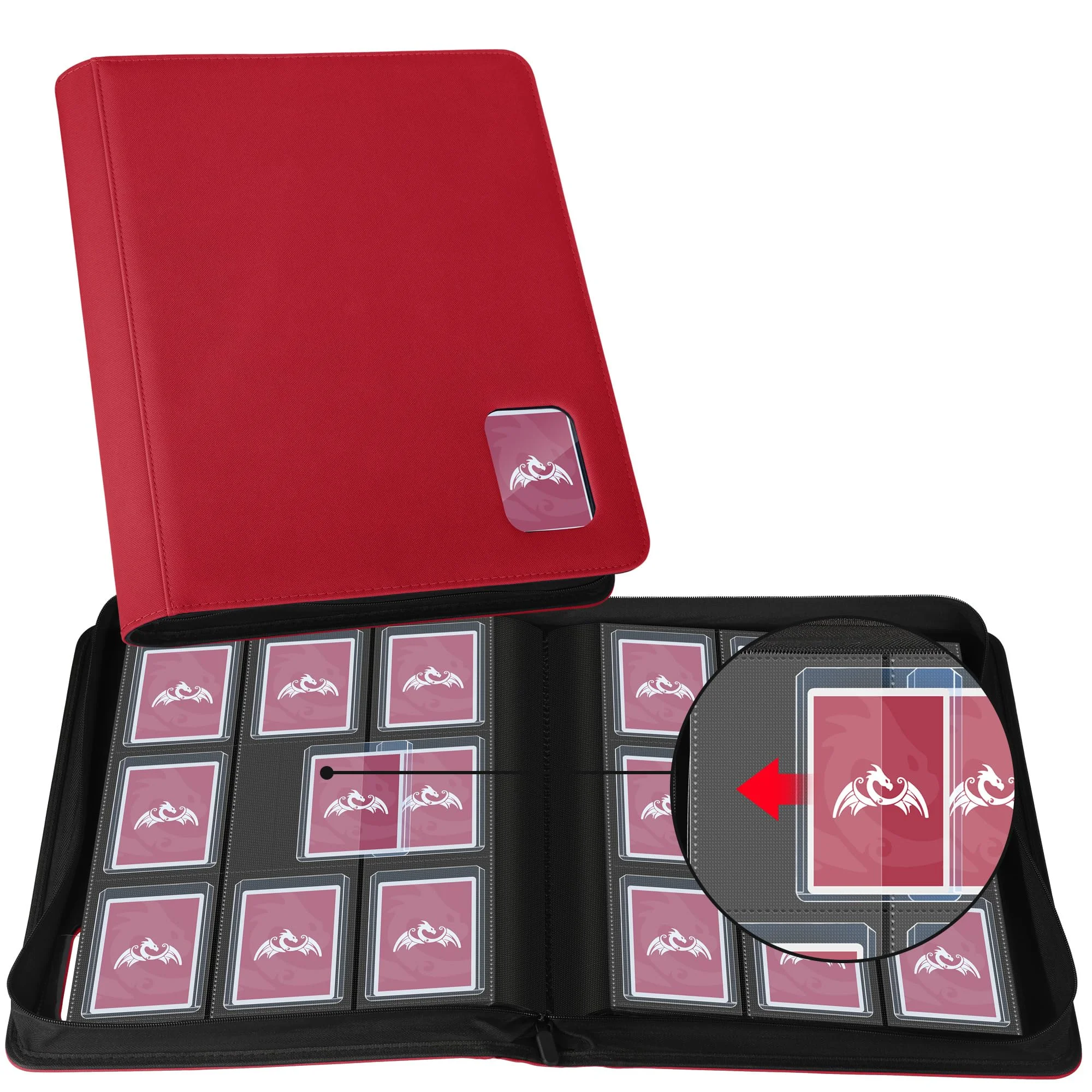 TCGPRO Toploader Binder mit Sichtfenster für 360 Karten in 3"x4" Rigid Hüllen, Toploader Album mit 9 seitliche Pocket und Reißverschluss, kompatibel mit MTG, TCG, Sports Cards etc. Rot