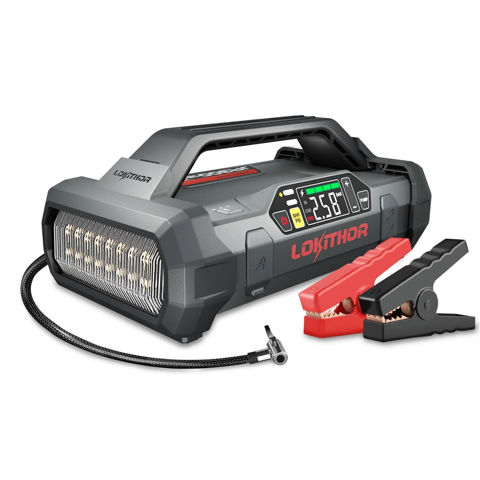 LOKITHOR JA300 Starthilfe Powerbank 1500A mit 150 PSI Luftkompressor | 150 PSI Luftkompressor & Digitaldisplay, Für Benziner bis 7,0L & Diesel bis 4,5L
