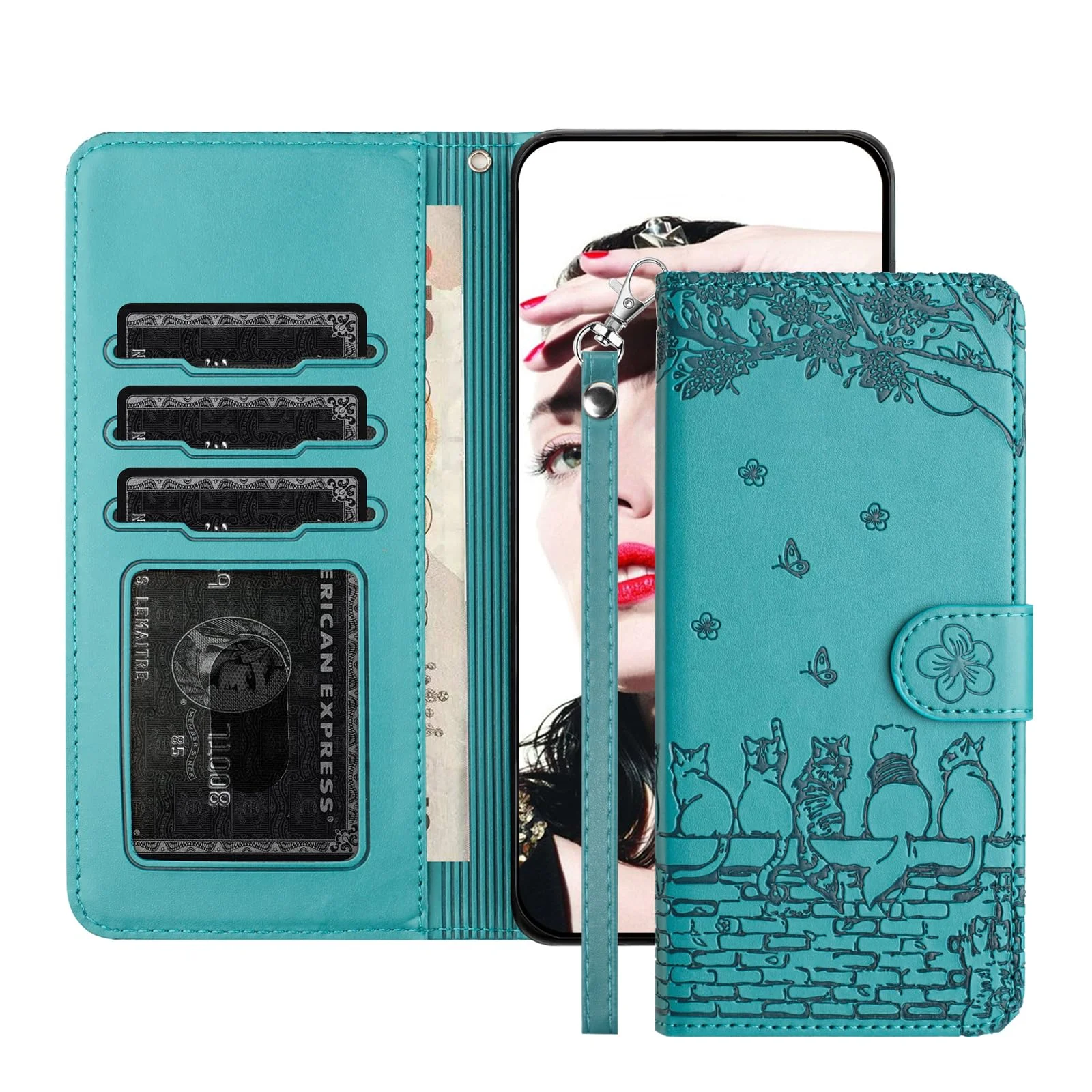 Jeffene Handyhülle für iPhone 11 (6.1 Zoll) Klappbar,Tasche Ständer mit Magnetisch Klapphülle,PU Leder Schutzhülle mit Geldtasche | Katzenmotiv Design Hülle,Turquoise