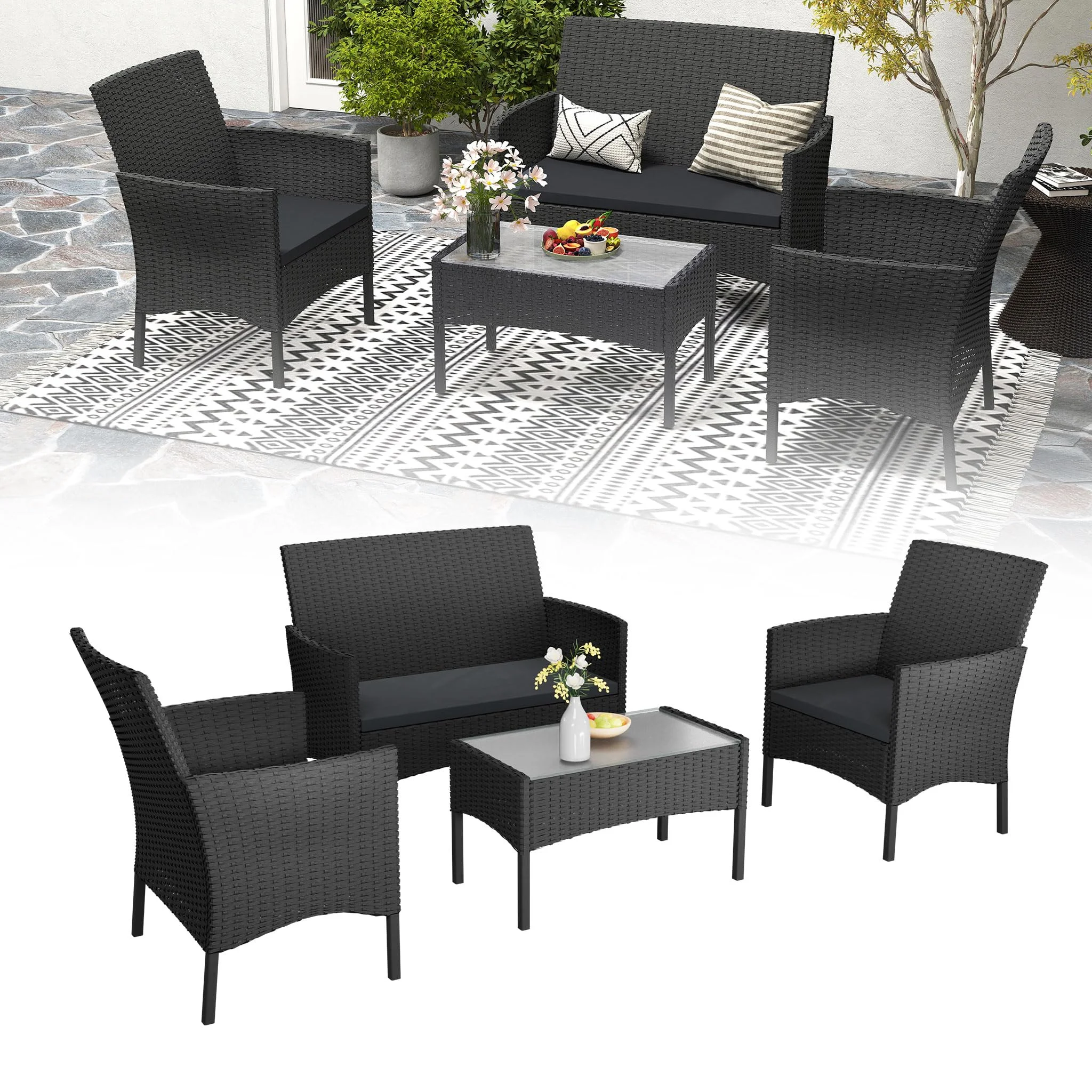 UISEBRT Polyrattan Gartenmöbel für 4 Personen inkl. 1 Doppelsofa, 2 Einzelsofas, 1 Tisch mit Glasplatte&Sitzkissen,Outdoor Lounge Wetterfeste Balkonmöbel für Terrasse, Garten, Balkon-Weißes Glas
