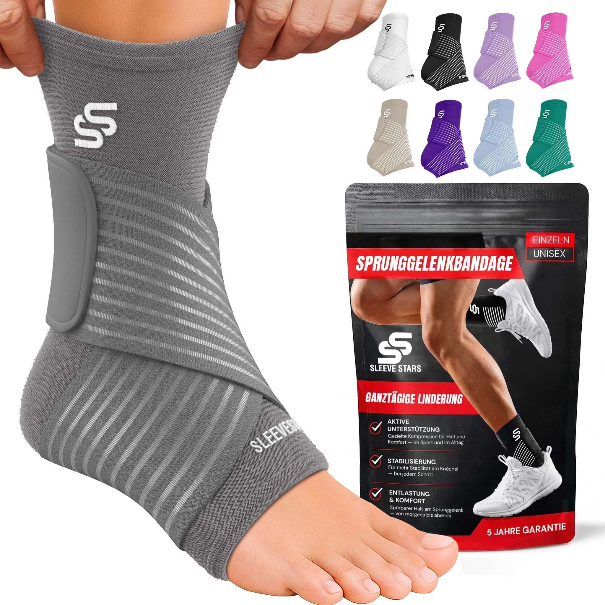 Sleeve Stars Sprunggelenkbandage | Bandage Fußgelenk & Knöchelbandage mit verstellbarem Riemen | Fußbandage rechts oder links | Plantarfasziitis & Achillessehnen Entlastung | grau