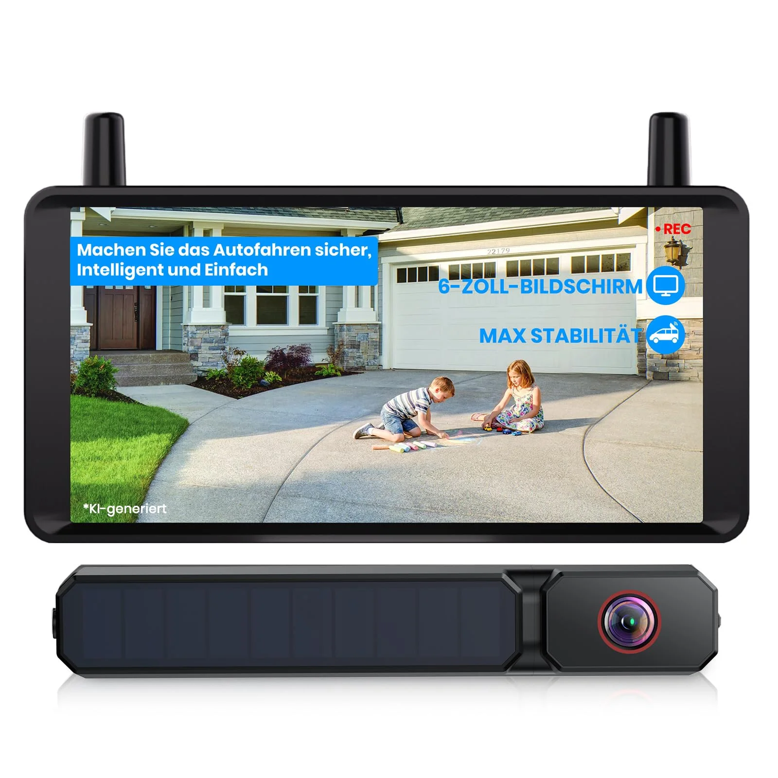 AUTO-VOX 6" Solar Rückfahrkamera Kabellose 2 Mins Schnell Install | 16:9 1080P Display, 2 Channel Splitscreen, Unterstützt DVR-Aufzeichnung, IP69K wasserdichte für Pkw, LKW, Anhänger