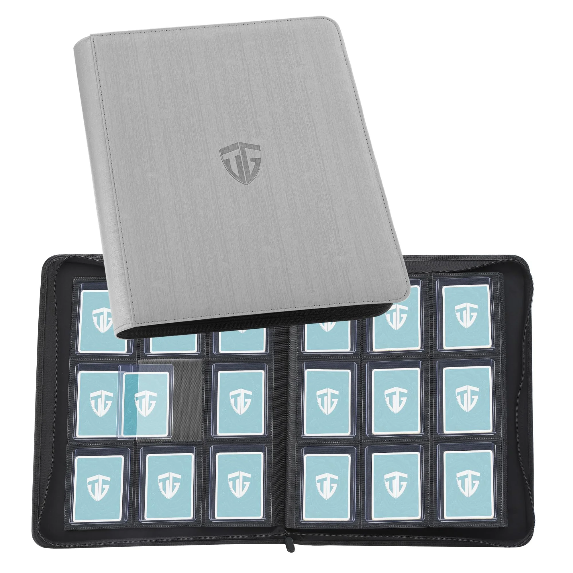 TCGUARD Toploader Sammelkartenalbum für 216 Top Loader, 9 Fächer mit Hüllen für Rigid Toploader Karten 7,6 x 10 cm für TCG, MTG Karten (Grau)