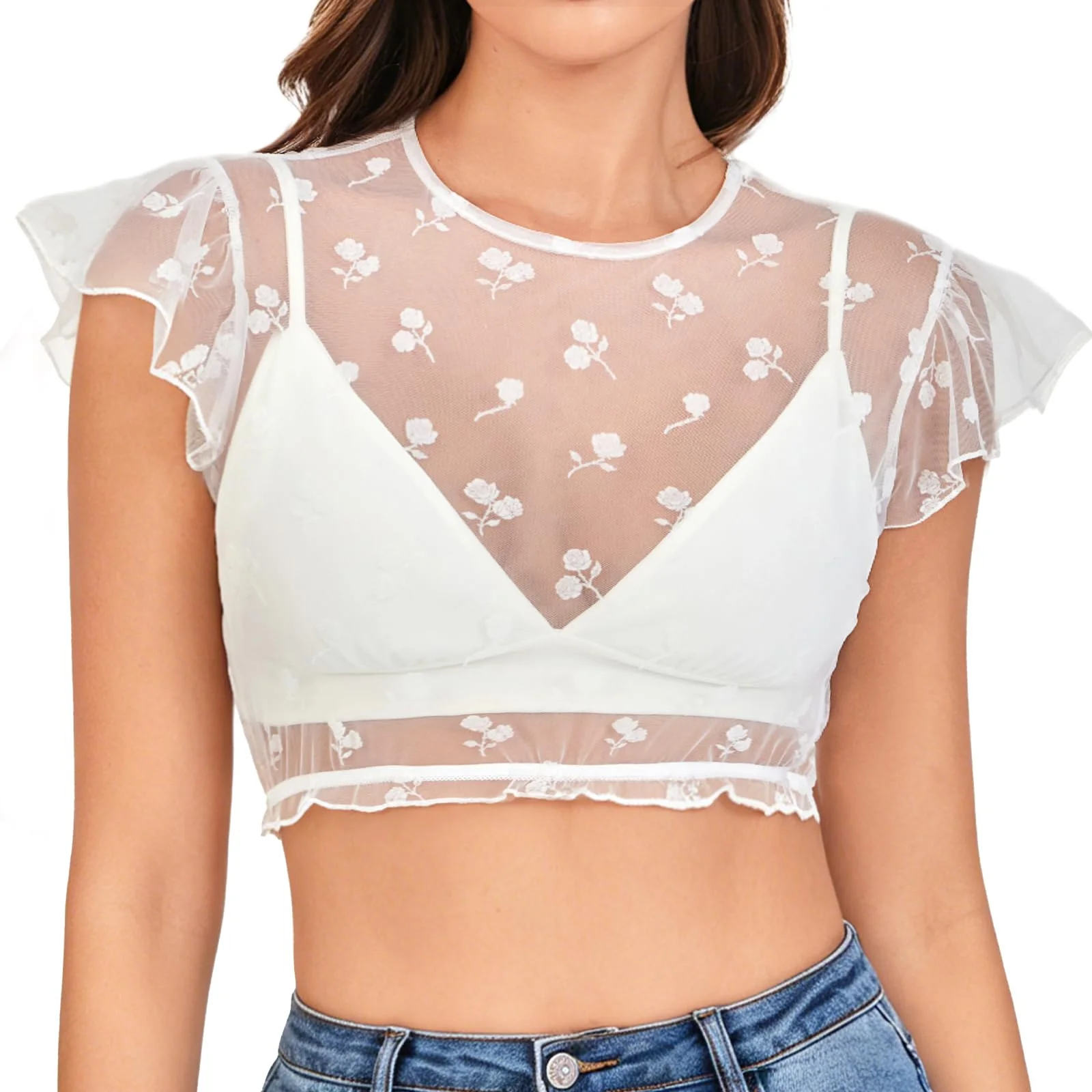 Dirndl Bluse Damen mit Rosenprint Dirndlbluse Flügelärmel Transparent Weiß | Trachtenbluse Kurzarm Atmungsaktivem Elegant Rundhalsausschnitt für Oktoberfest & Bavarian Carnival S-XXL