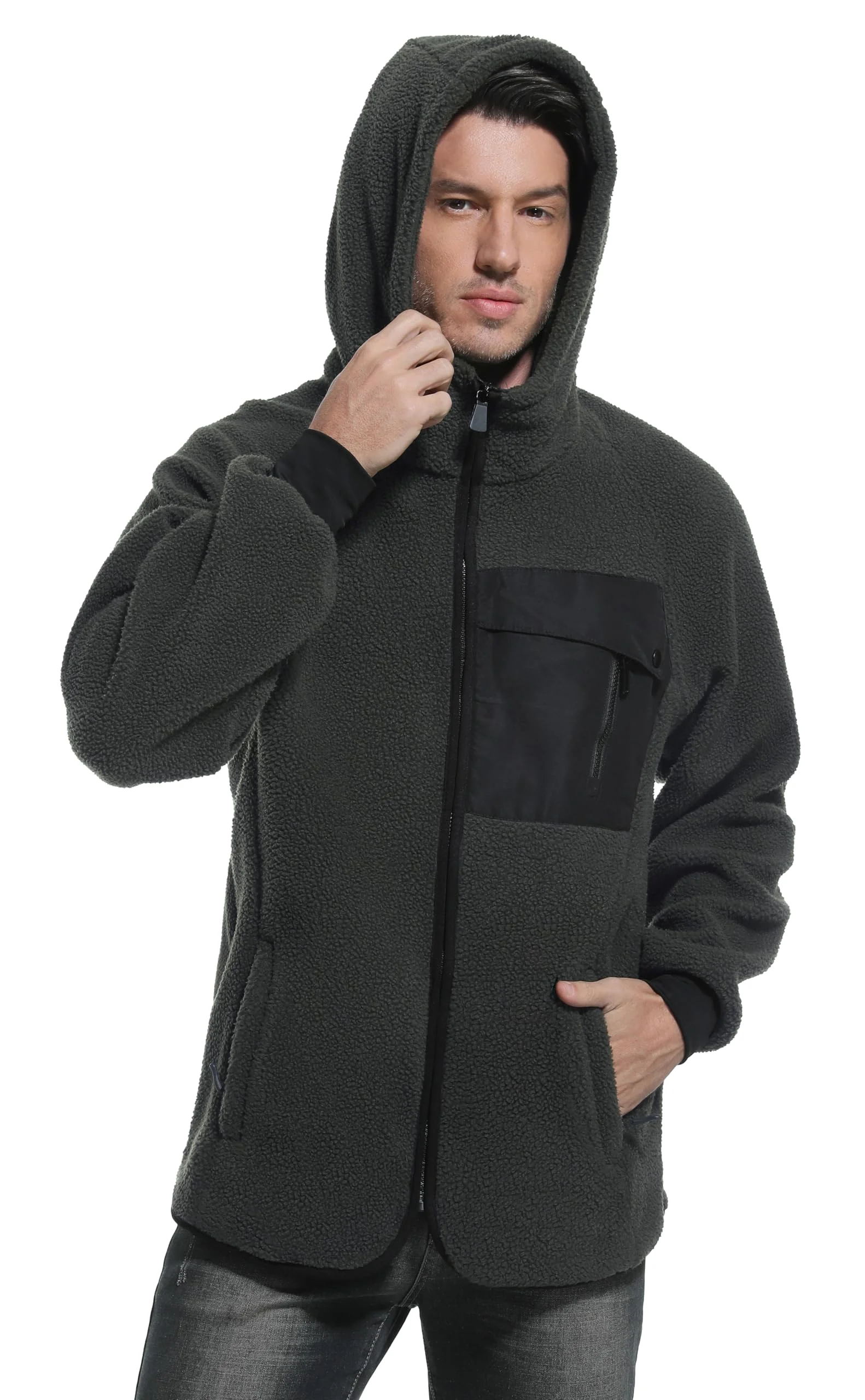 Mnking Herren Fleecejacke mit Kapuze Warme Polar Fleece Jacke Winter Full Zip Hoodie Winddicht Winterjacke für Outdoor Laufen Wandern Ski