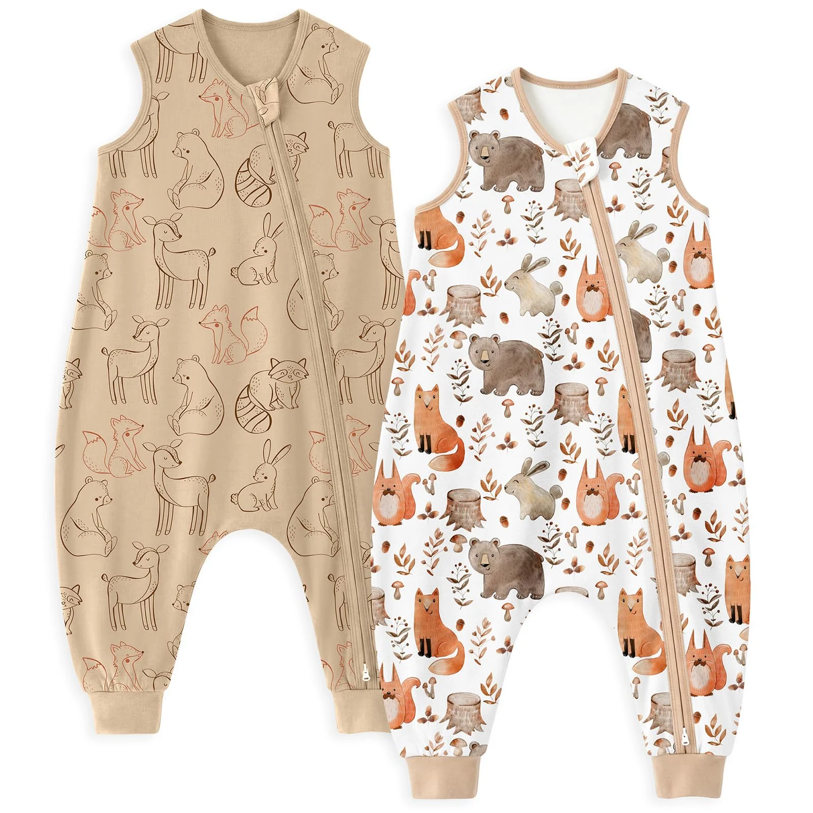 Unnivoll Baby Schlafsack mit Füßen 0,5 Tog Schlafsack Baby Sommer 2er Pack Baumwolle Schlafsack mit Beinen Babyschlafsack Weich 90 cm für Jungen Mädchen Weißbrauner Fuchs