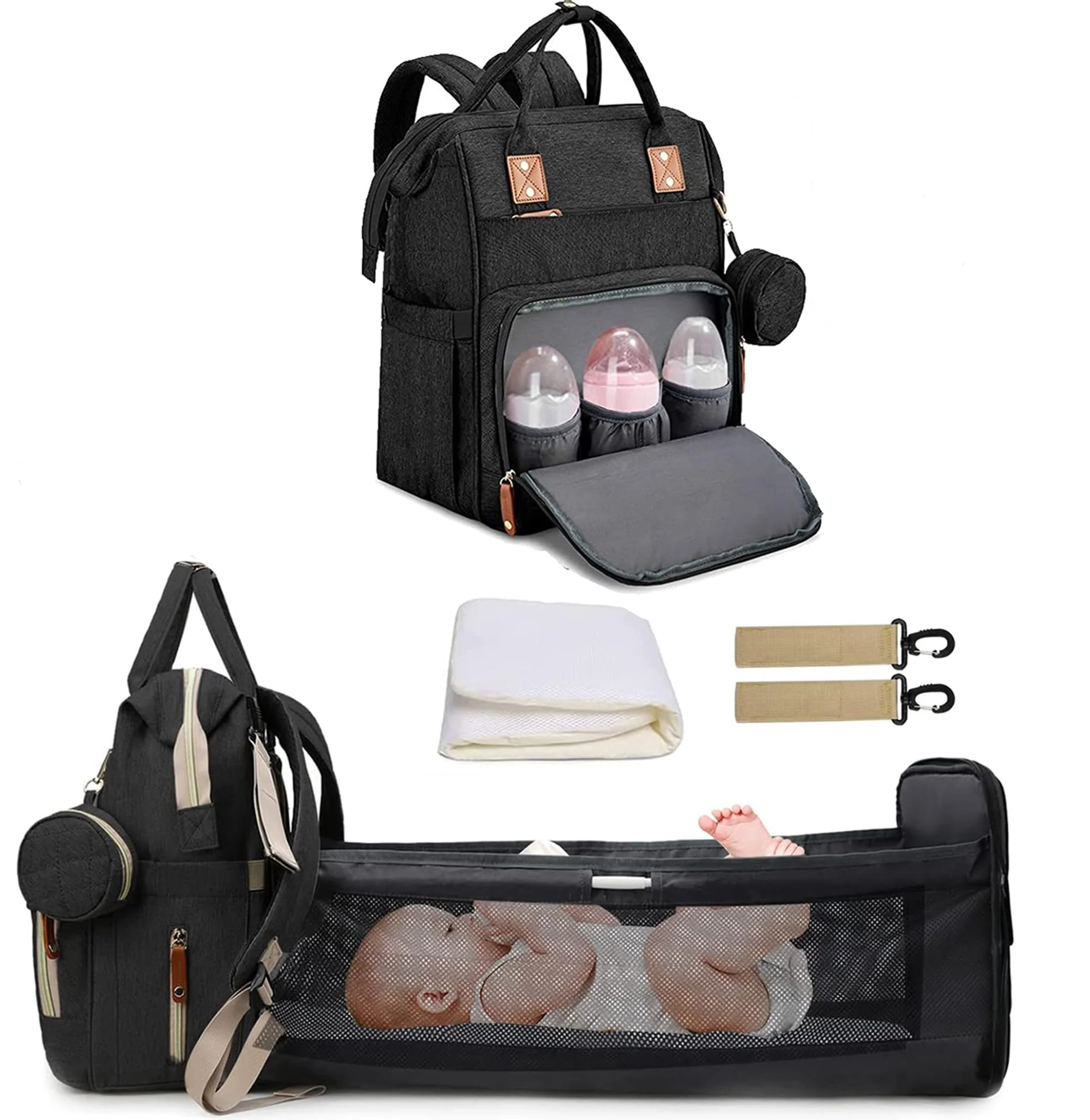 Fexkean Wickeltasche Rucksack Baby Wickelrucksäcke mit Großer Kapazität Tragbare Reisewindeltasche mit faltbarem Kinderbett mit Multifunktions Babytaschen und mobiler Wickelauflage Babybettrucksack