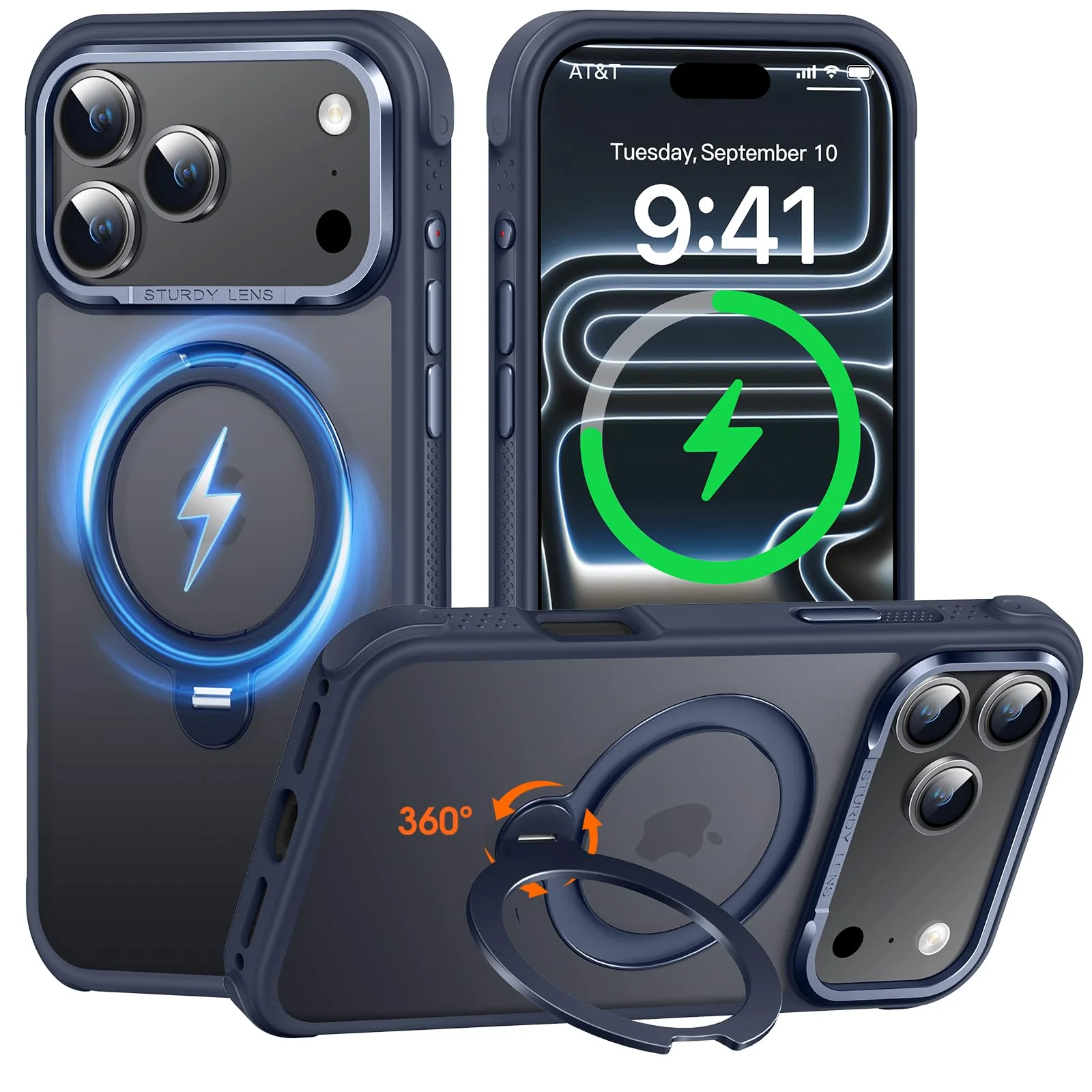 AurySharled Hülle für iPhone 17 pro mit 360° Drehbarer Magnetständer, Militärschutz, Anti-Kratzer/Anti-Rutsch/Anti-Fingerabdruck Transluzente Matte Handyhülle, Navy Blau