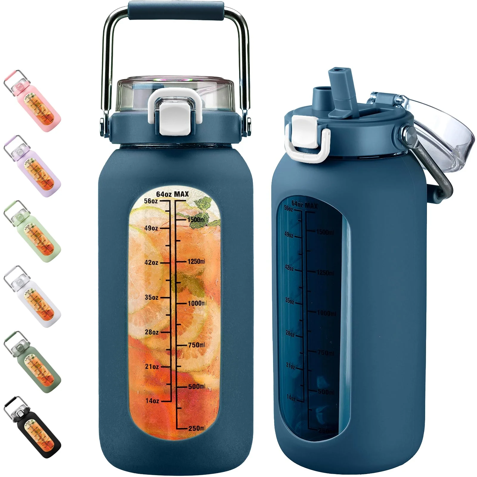 BLUEGO 2000ml Glaswasserflasche mit Edelstahlgriff und Zeitmarkierung 2L Trinkflasche Borosilikatglas mit Silikonhülle und Stroh für Fitnessstudio Draussen Sport Wasserflaschen BPA-frei, Dunkelblau