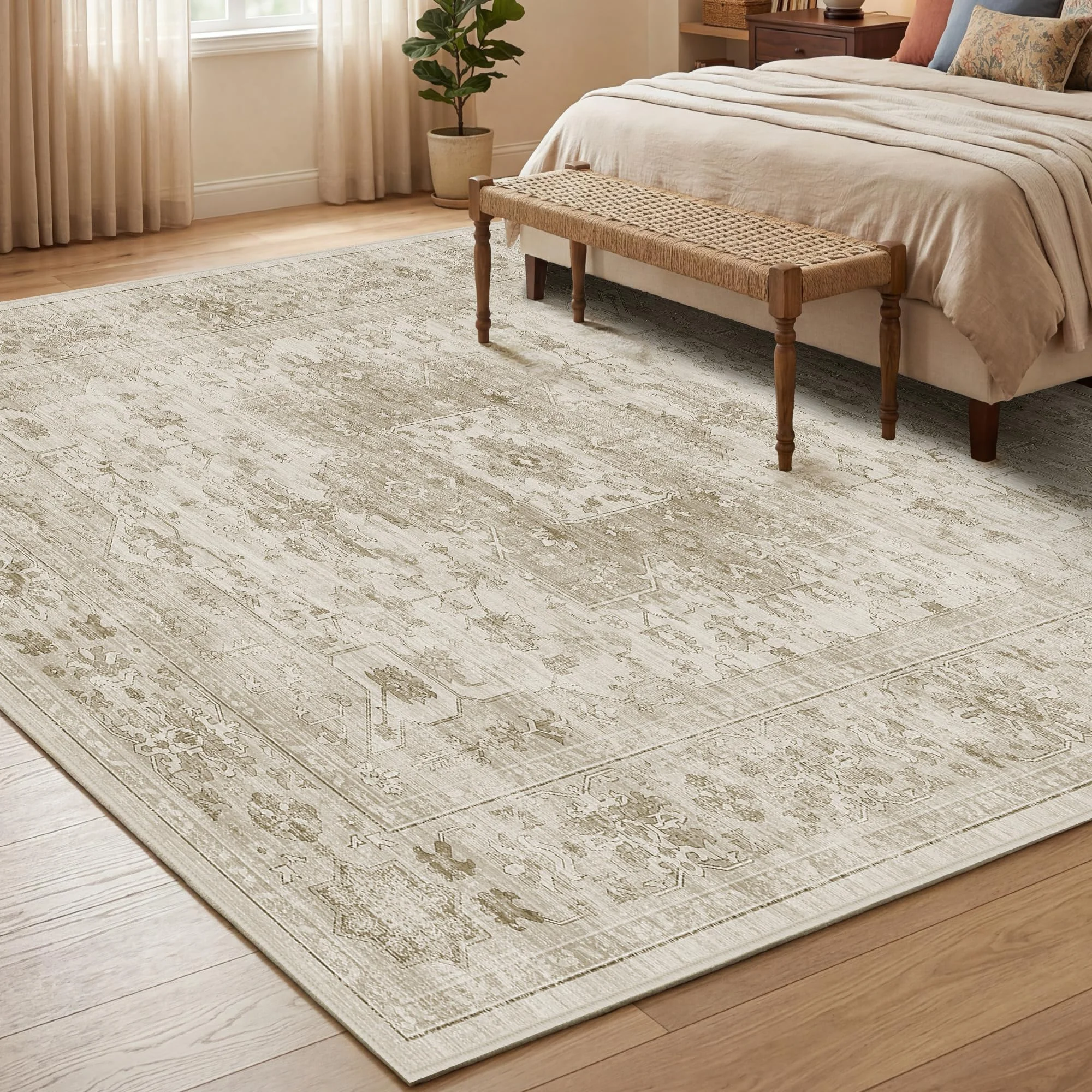 Autsel Vintage Teppich Wohnzimmer 200x300cm, Creme Teppich Schlafzimmer | Waschbarer Boho Teppich, Rutschfest Läufer Teppiche, Pflegeleicht Teppich Gegend für küche, Büro, Esszimmer, Flur