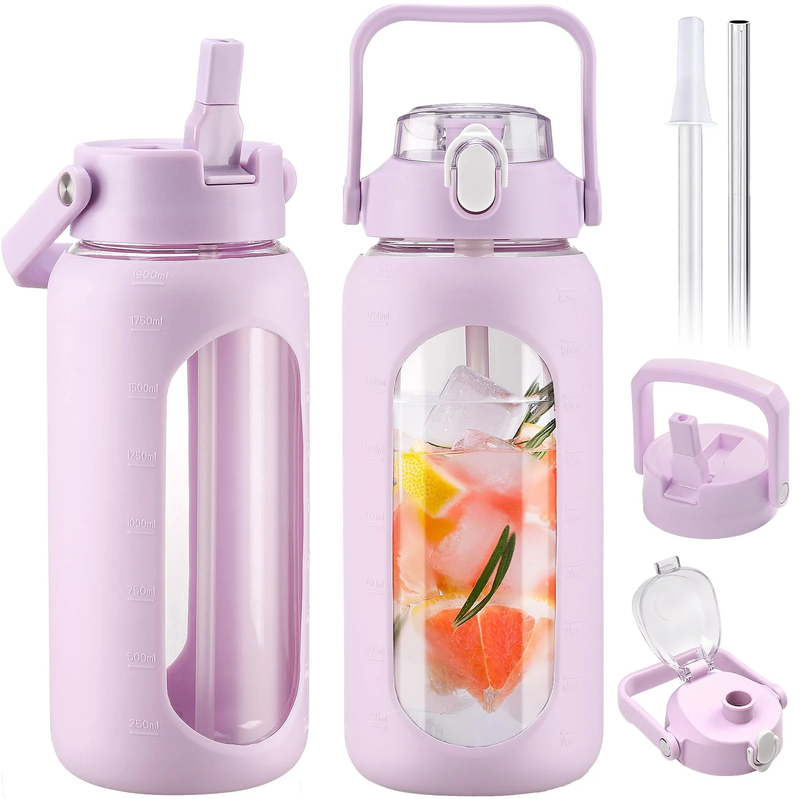 BLUEGO 2000ml Glasflasche mit 2 Deckeln Klappdeckel und Ausgießer Deckel Wasserflasche mit Strohhalm 2L große Trinkflasche mit Zeitmarkierungen für Zuhause Büro Auslaufsicher, Violett