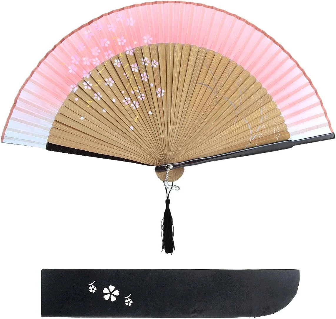 FSR00MZ Japanischer Klappfächer Rosa Kirschblüte aus Leinen & Bambus | Handlicher Mini-Fächer mit Quaste für Damen, Herren, Kinder, Ideal für Hochzeit, Theater, Party & Weihnachtsdeko