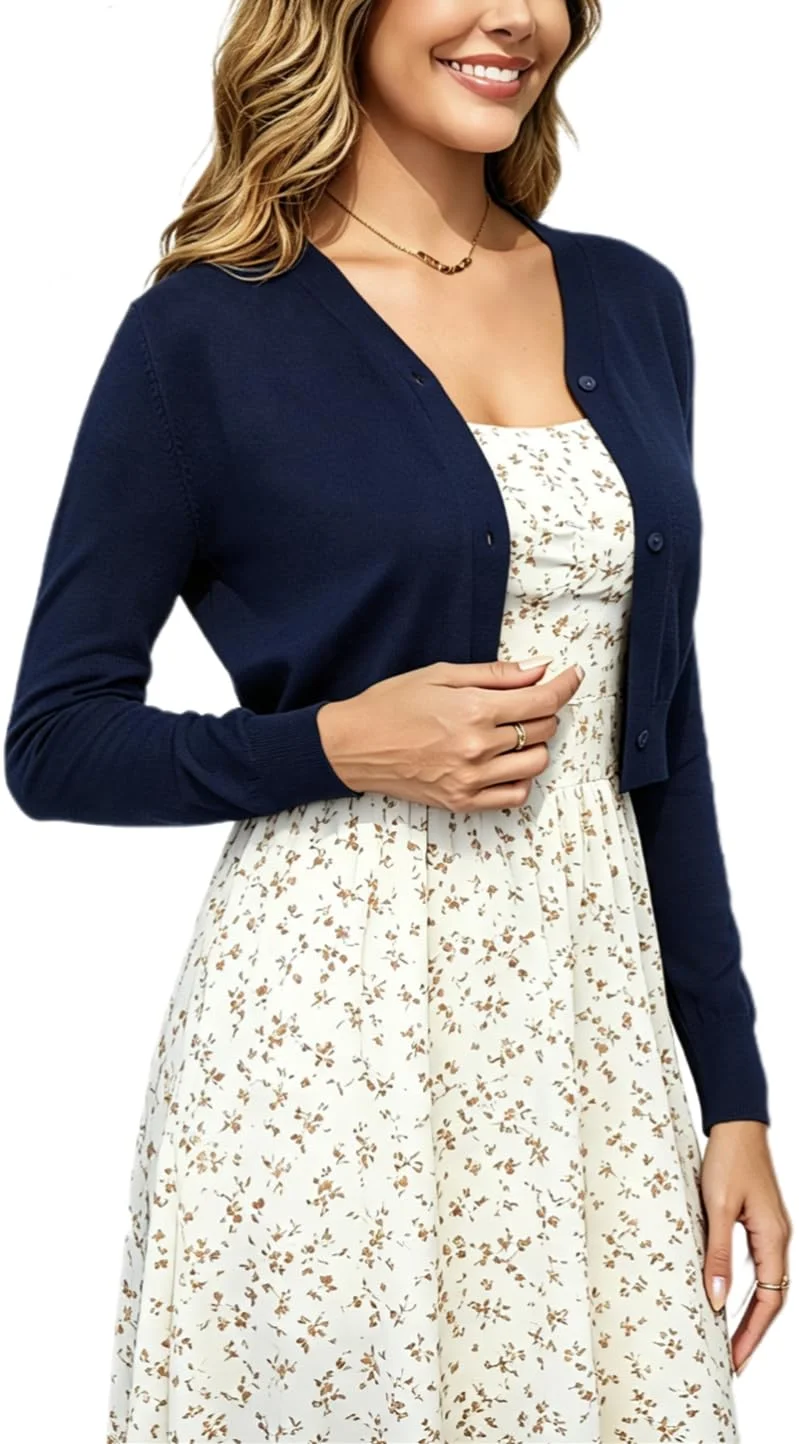 Enjyam Damen Bolero Jäckchen Langarm Kurze Strickjacke mit Knopf Elegante Weiche Jacke V Ausschnitt Schulterjacke zum Kleid
