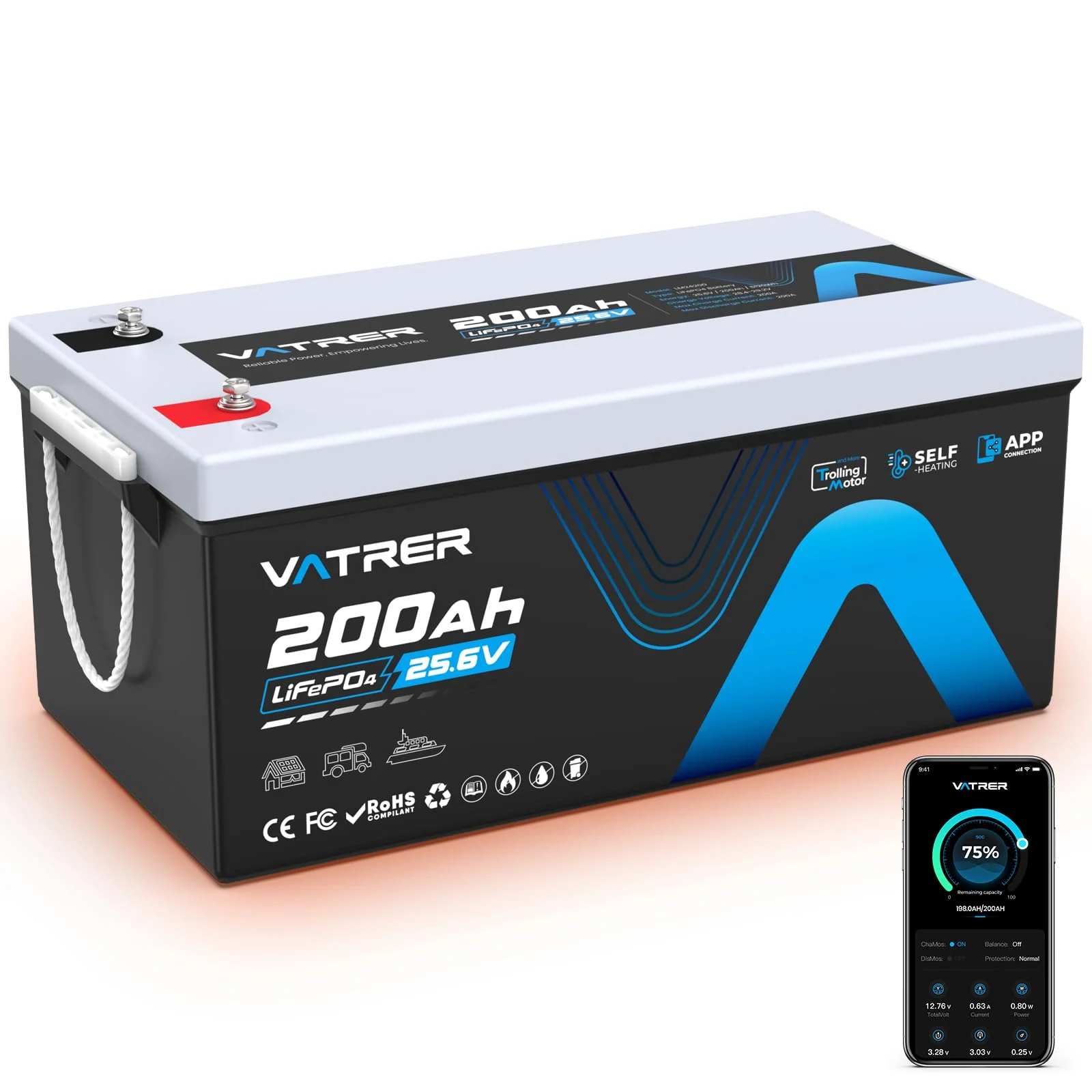 VATRER POWER 24V 200Ah LiFePO4 Batterie mit Selbstheizung | 200A BMS Bluetooth App, Laden bis -20 °C, über 5000 Zyklen, ideal für Wohnmobil, Solar, Off-Grid und Trolling-Motor