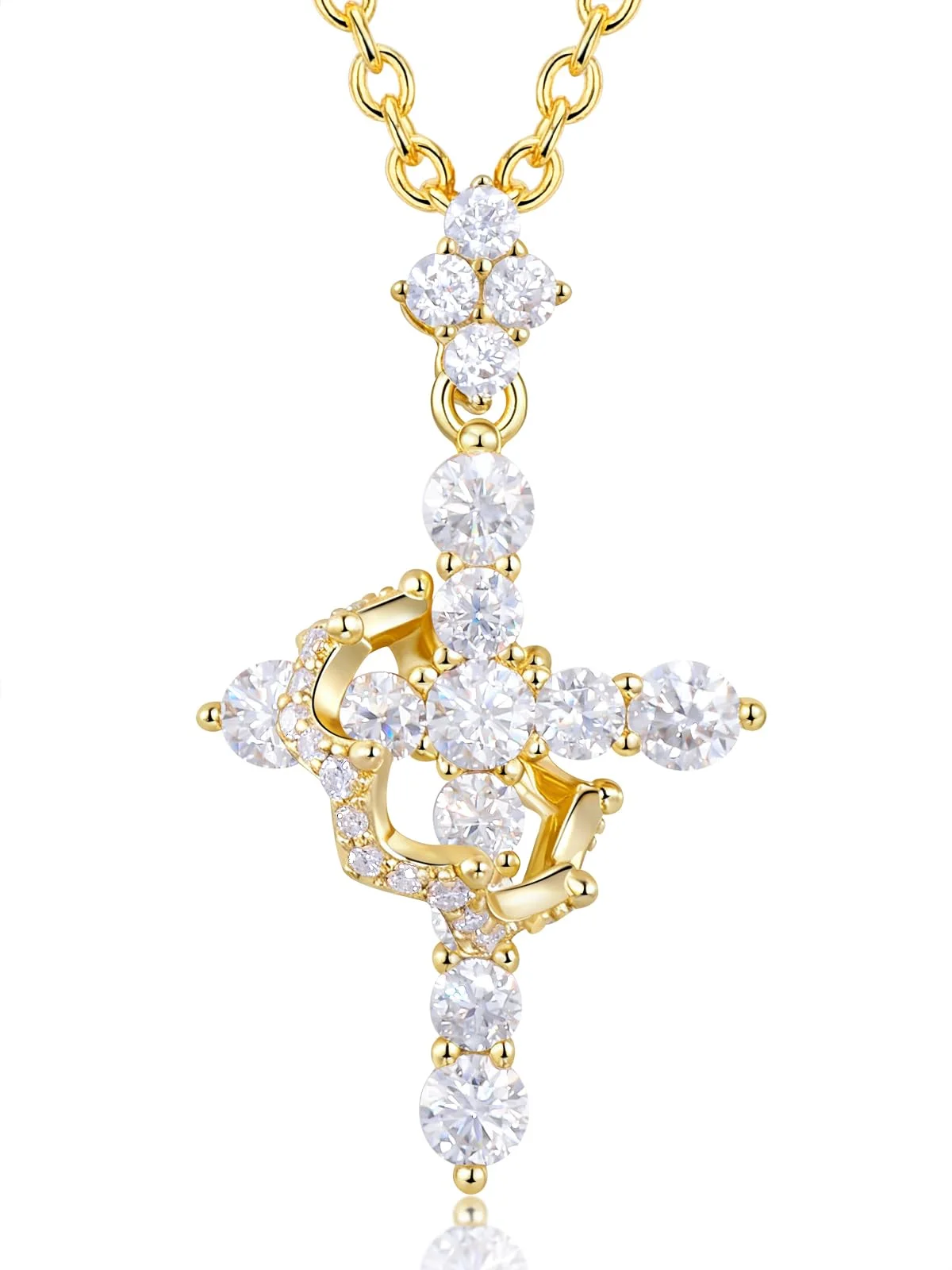 Winyolove Moissanit Kreuz Kette mit Krone, 1,1 Karat, 925er Sterlingsilber mit 14 Karat Gold Vermeil, Christliche Halskette Damen