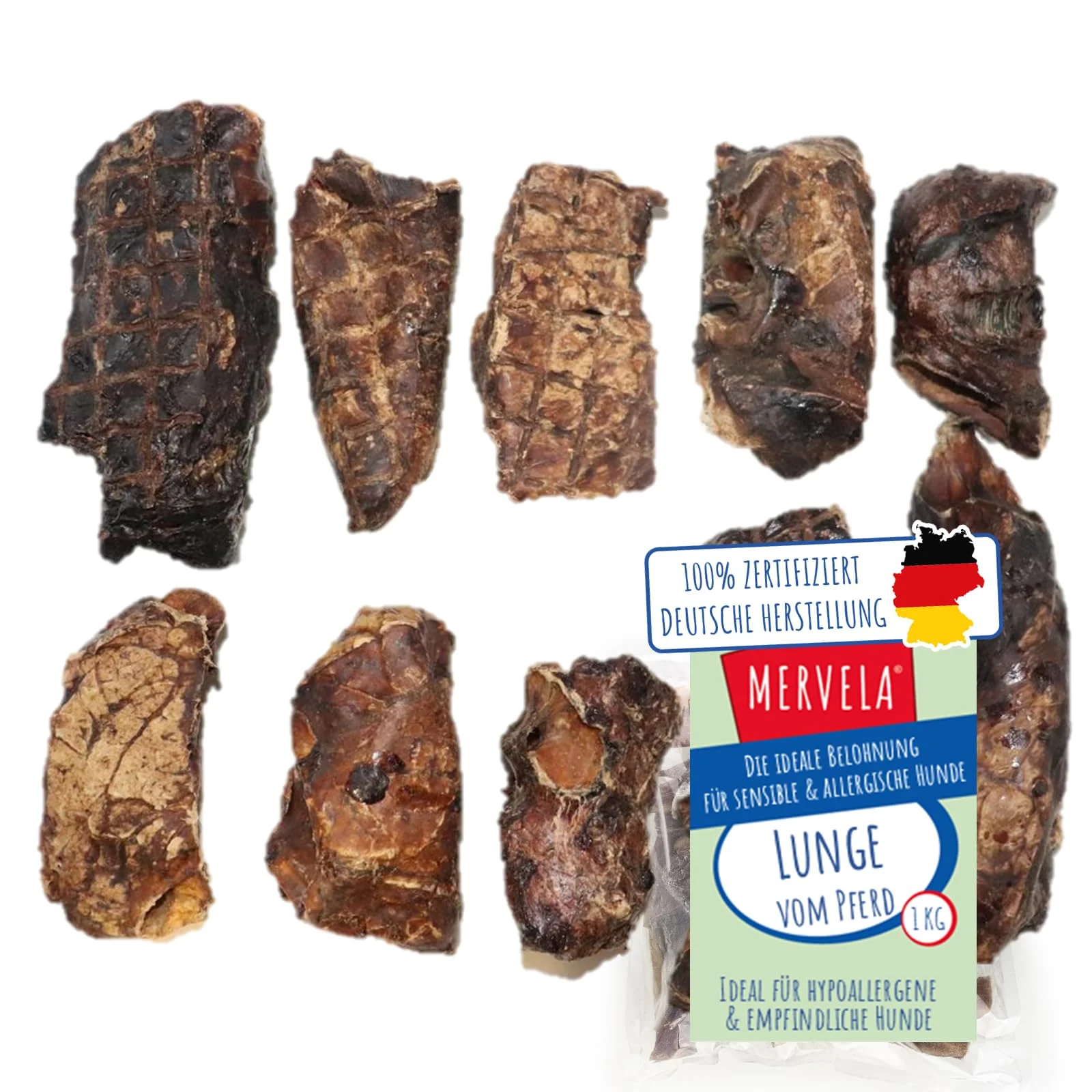 MERVELA Pferdelunge | 100% Pferd pur | 1.000g | Lunge vom Pferd getrocknet | Qualität aus Deutschland | ideal für hypoallergene, allergische und Sensible Hunde