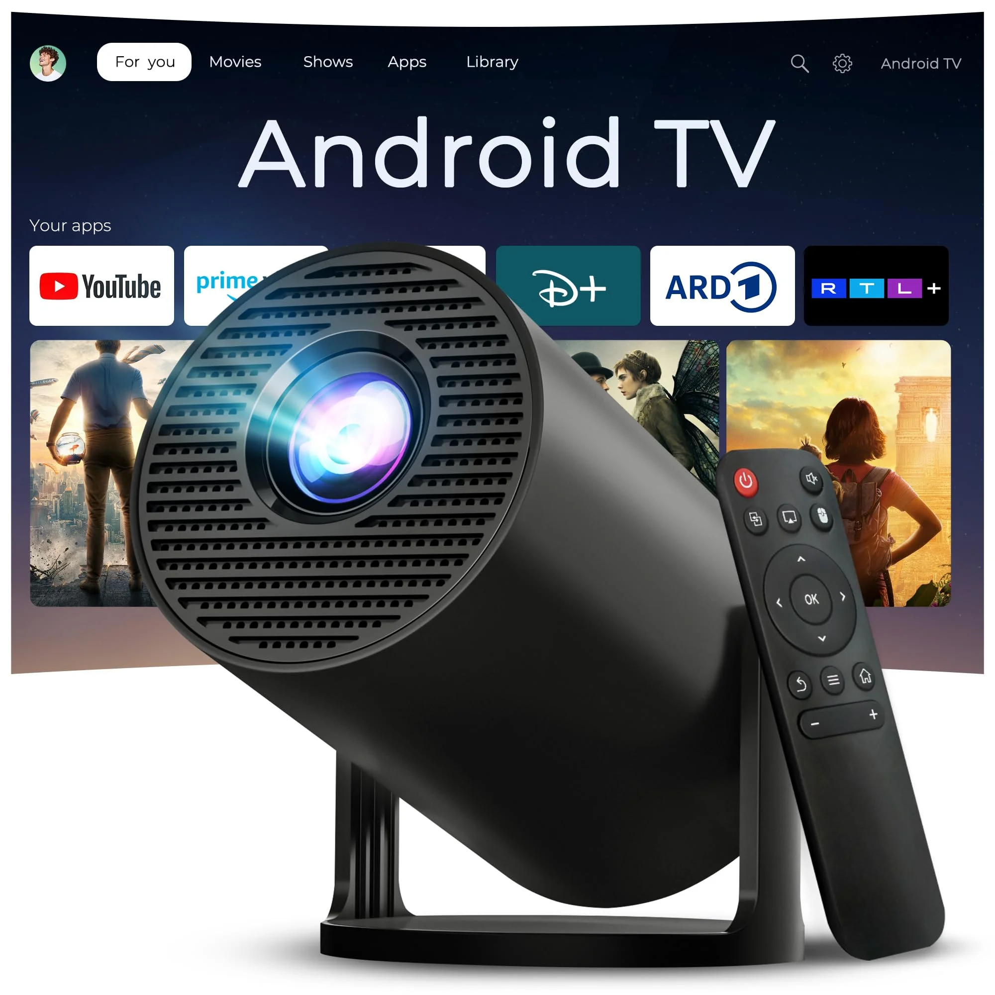 Mini tragbarer Beamer 4K-Unterstützung, Android 14, Fernbedienung per App | Native 720P Projektor, Wi-Fi 6 & Bluetooth 5.4, Auto-Trapezkorrektur,300 ANSI,Heimkino Beamer für iPhone/iOS/HDMI/USB,schwarz