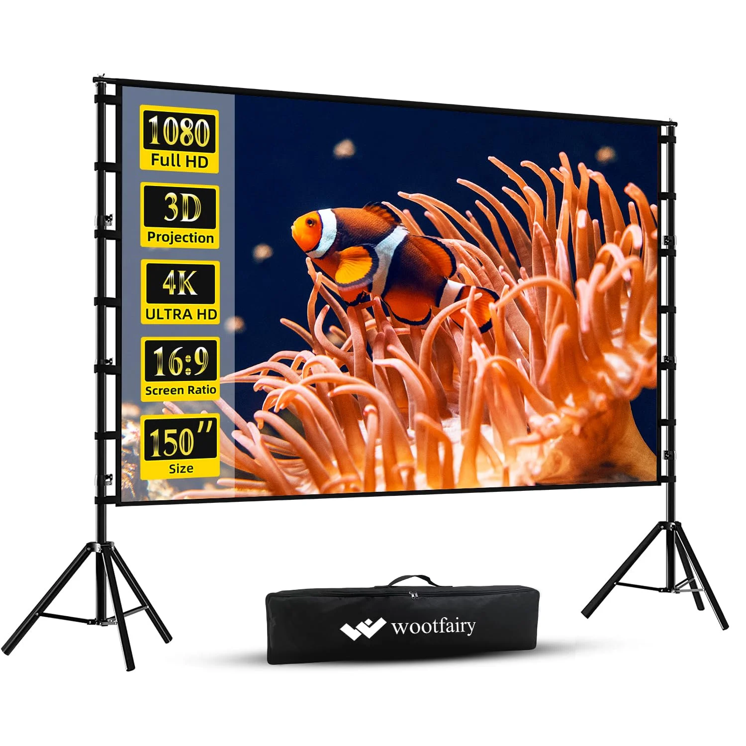 150 Zoll Beamer Leinwand mit Ständer mit Tragetasche Projektor Leinwand | Tragbare und Faltbare Projektionsleinwand 4K HD 16:9 knitterfreie Filmleinwand für Rück Frontprojektion für drinnen