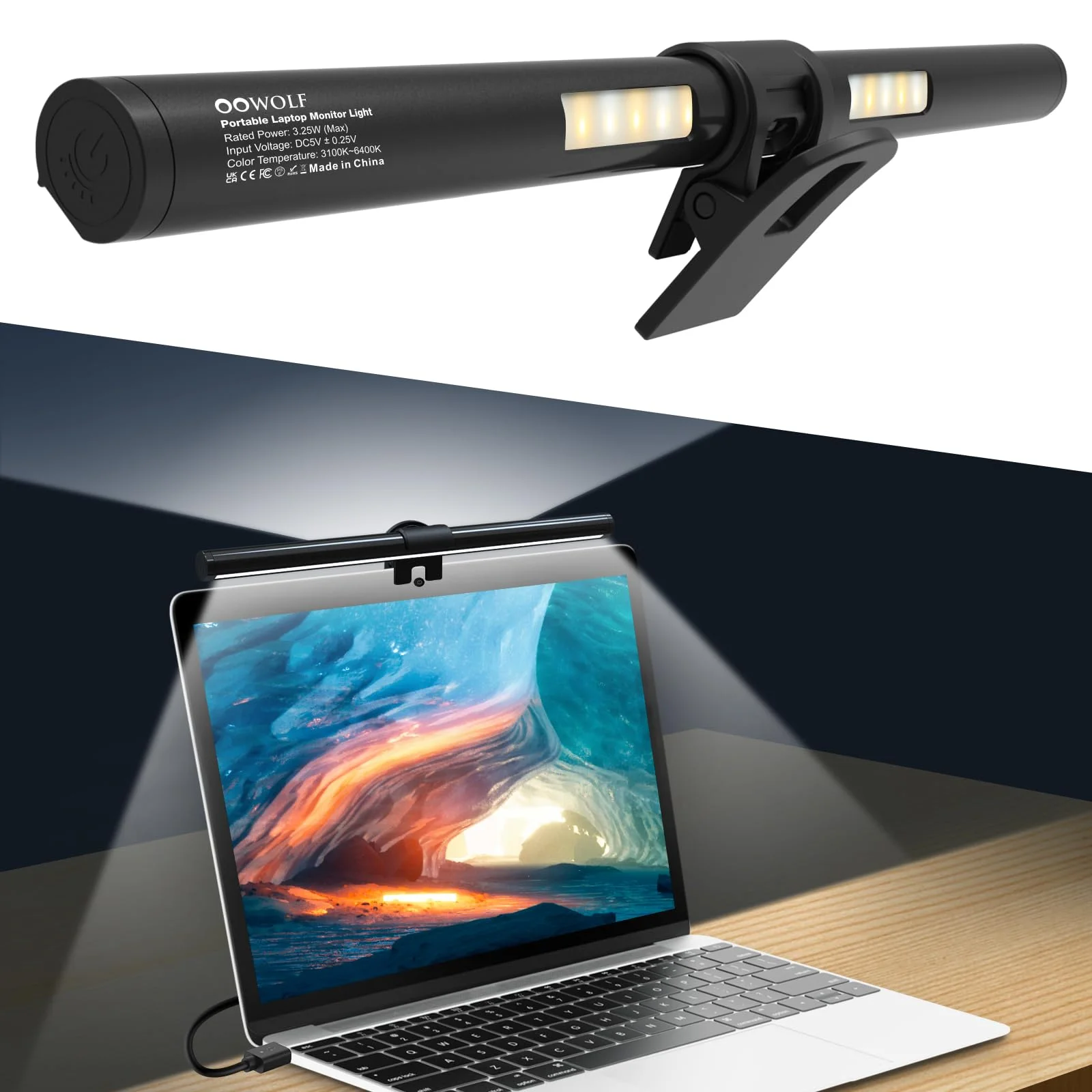 OOWOLF Monitor Lampe 33cm dimmbar 3000-6500K - Haupt- & Hintergrundlicht, ohne Blendung & Flimmern, Touch Control, USB-Anschluss, Augenschutz für Laptop, Büro, Homeoffice