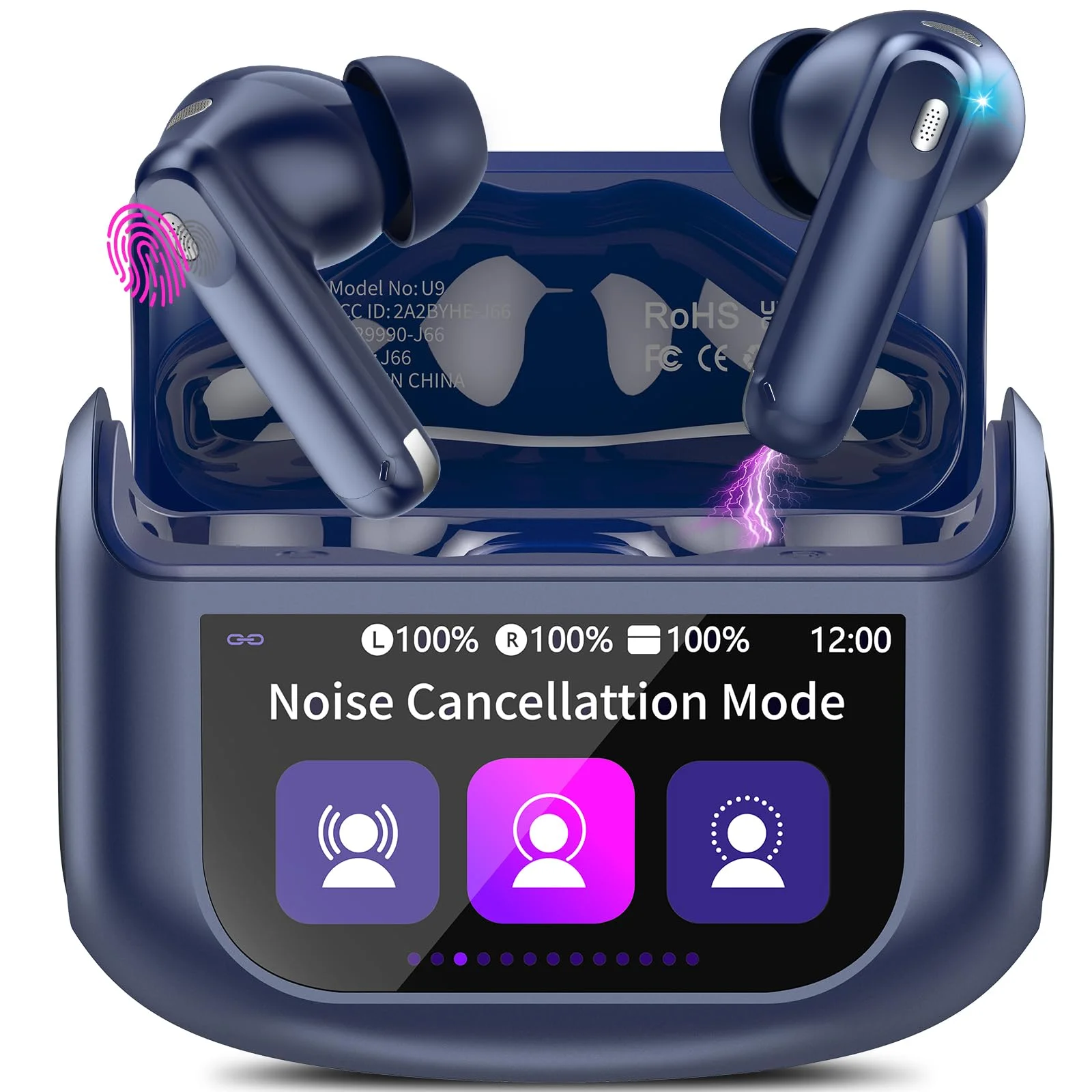 Touchscreen Bluetooth Kopfhörer, 2026 In Ear Kopfhörer Kabellos Bluetooth 5.4 mit ANC+ENC Noise Cancelling Mic, 48Std Spielzeit Tiefer Bass Earbud mit 5 EQ-Modi, IP7 Wasserdicht Ohrhörer USB-C Blau