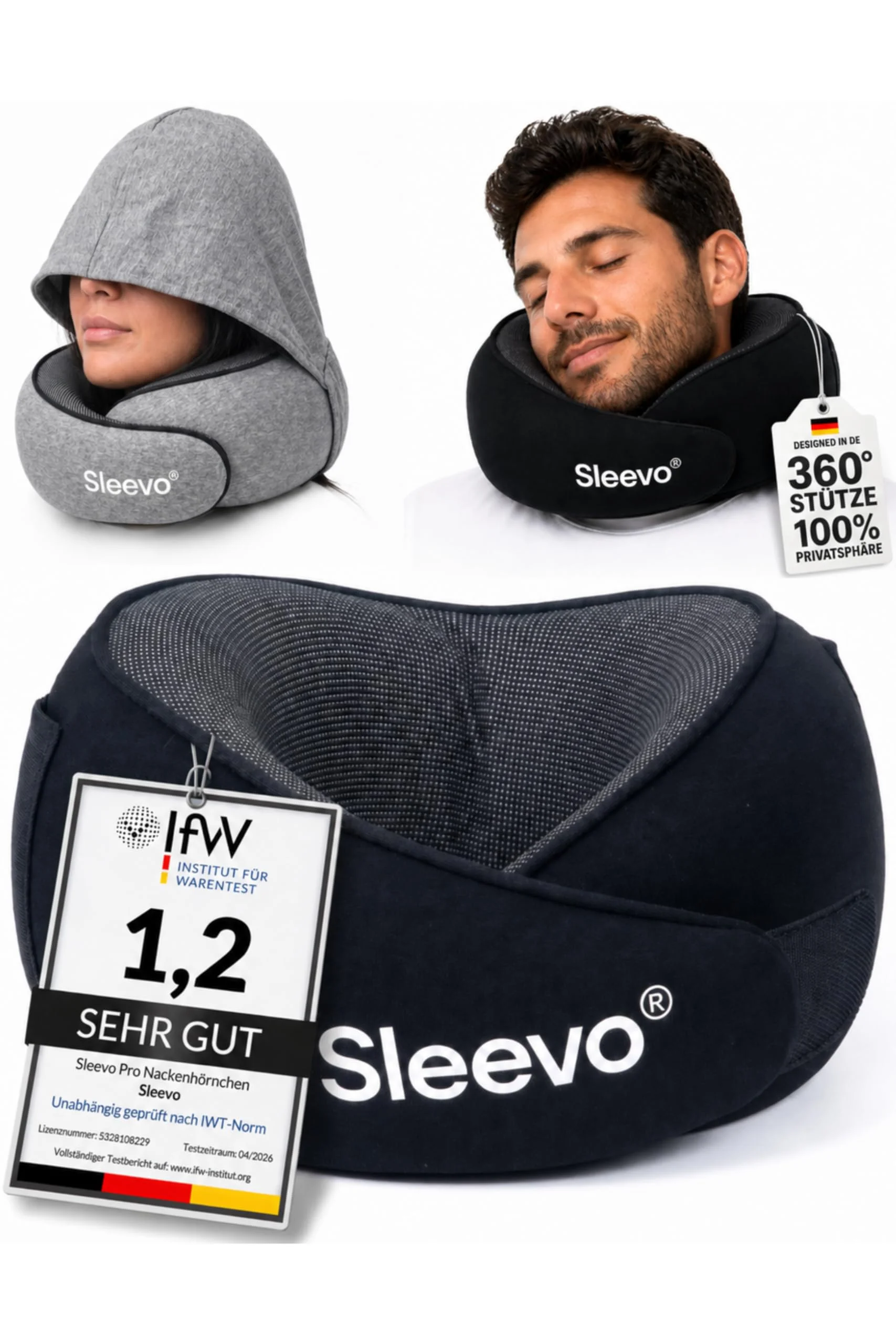 Sleevo Pro Nackenkissen (M) fürs Flugzeug mit Kapuze – Reisekissen, Schwarz | Kompakter Sitz, schmale Halsform - Memory Foam, ergonomisches Nackenhörnchen, Sichtschutz, waschbar inkl. Tasche