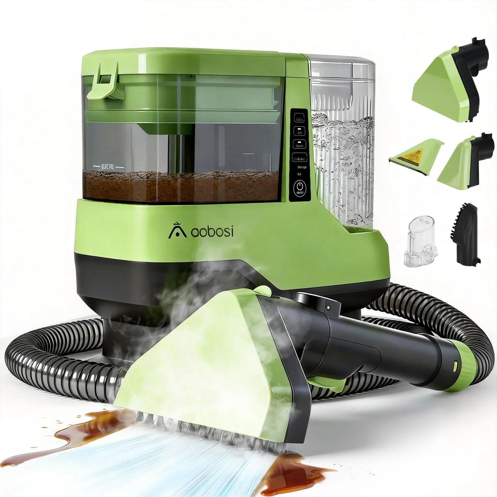 AAOBOSI Dampfreiniger und Polsterreiniger, 1800W, Sprachansage, Sofa/Auto | 17 kPa Waschsauger mit 100 °C Dampf, Selbstreinigung, 4 Modi & 4 Zubehörteilen für Teppiche, Polster & Haustierflecken